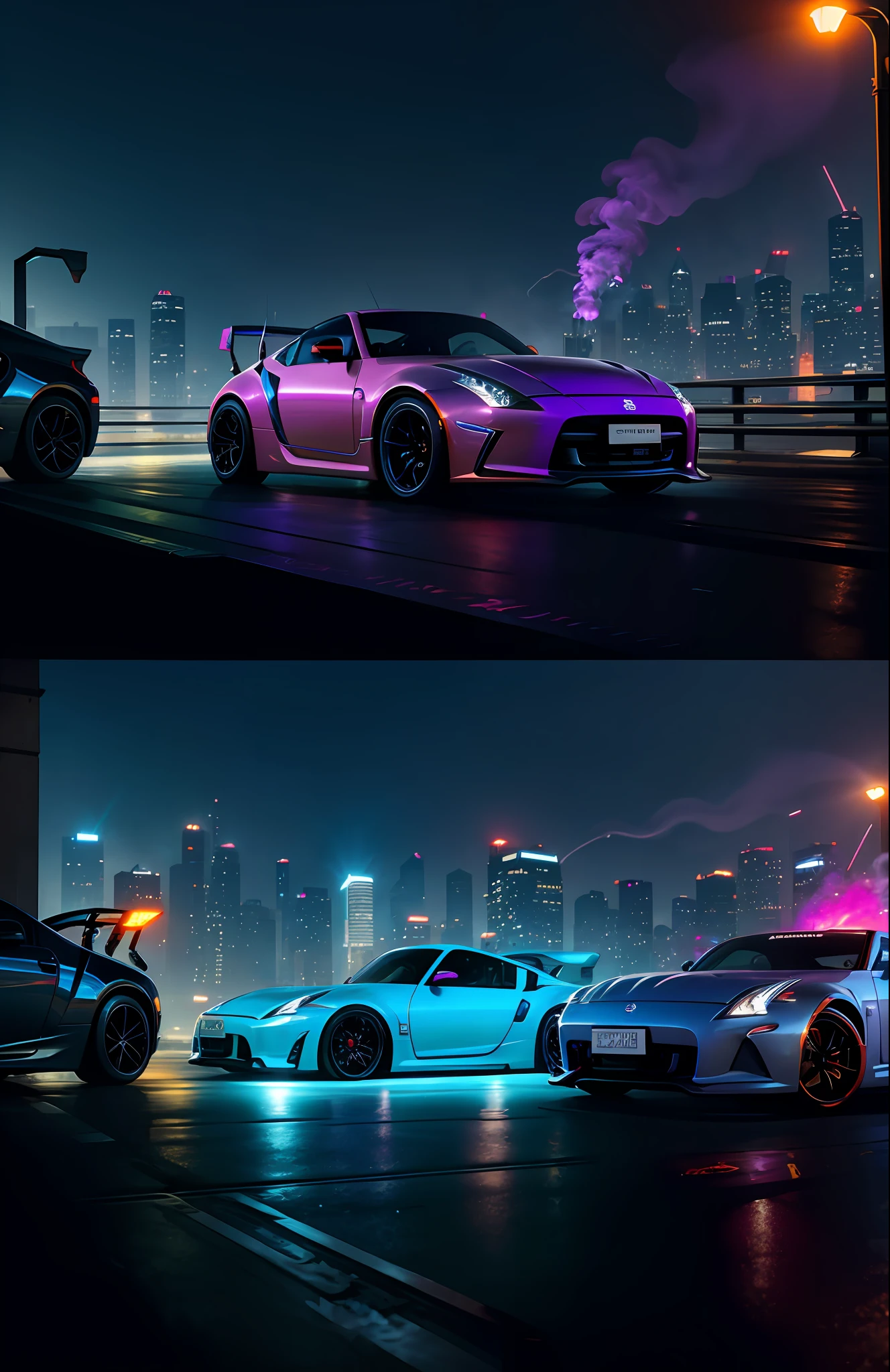 cyberpunk hypercars, soft colors, swirling color smoke, legend, cityscape, space, nissan 350z