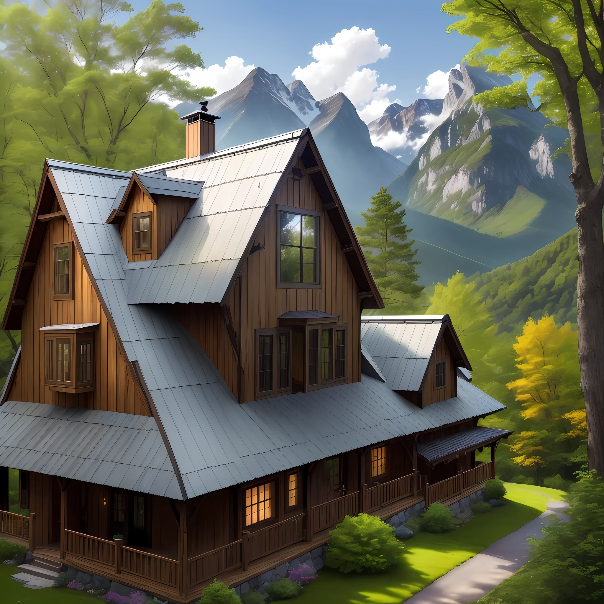 "A rustic two-story shingled-roofed cottage, surrounded by trees and surrounded by stunning mountain scenery, with shimmering sunbeams illuminating the leaves on the trees and the walls of the house."