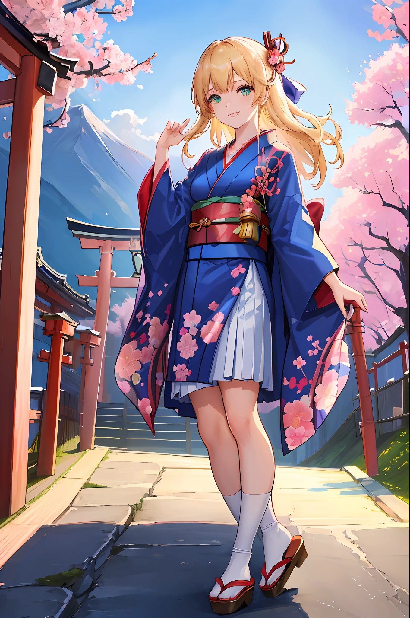 (((masterpiece: 1.5, best quality: 1.2, high resolution, super resolution, ultra detailed: 1.3, rich background: 1.4))), (close up), (1girl), solo, green eyes, blonde long hair tied with blue ribbon, hair ornament, blunt bangs, smiling, high girl, medium breast, ((cleavage)), (perfect fingers), ((hand on the air)), japanese clothes, (blue short pattern kimono), sandals, ribbon, obi, ((outdoor)), cherry blossom, (torii gate), stone staircase, sky (afternoon), cherry blossoms fall, ((dramatic light: 1.3)), cloudy, (fuji scenery behind)