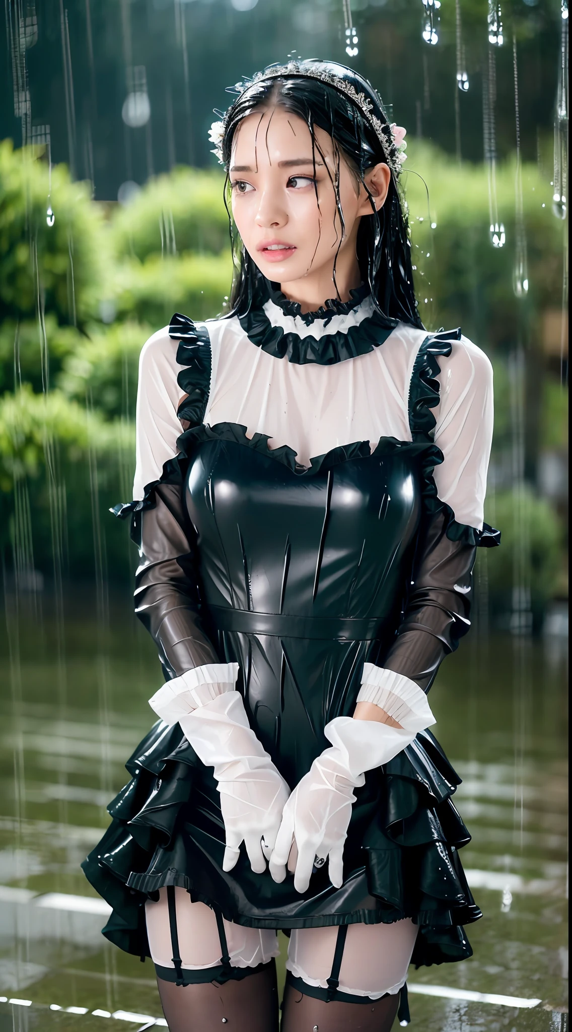 (Best quality, 4k, Masterpiece :1.3), pretty woman, 1girl, (attractive body :1.2), black hair: 1.1, fantasy maid, intricate maid dress, armor, multilayered outfit, green dress, fully clothed, pantyhose, headdress, gloves, full body, (rainy wet, wet from rain, wet body, wet clothes :1.5), ultra-detailed face, detailed lips, detailed eyes