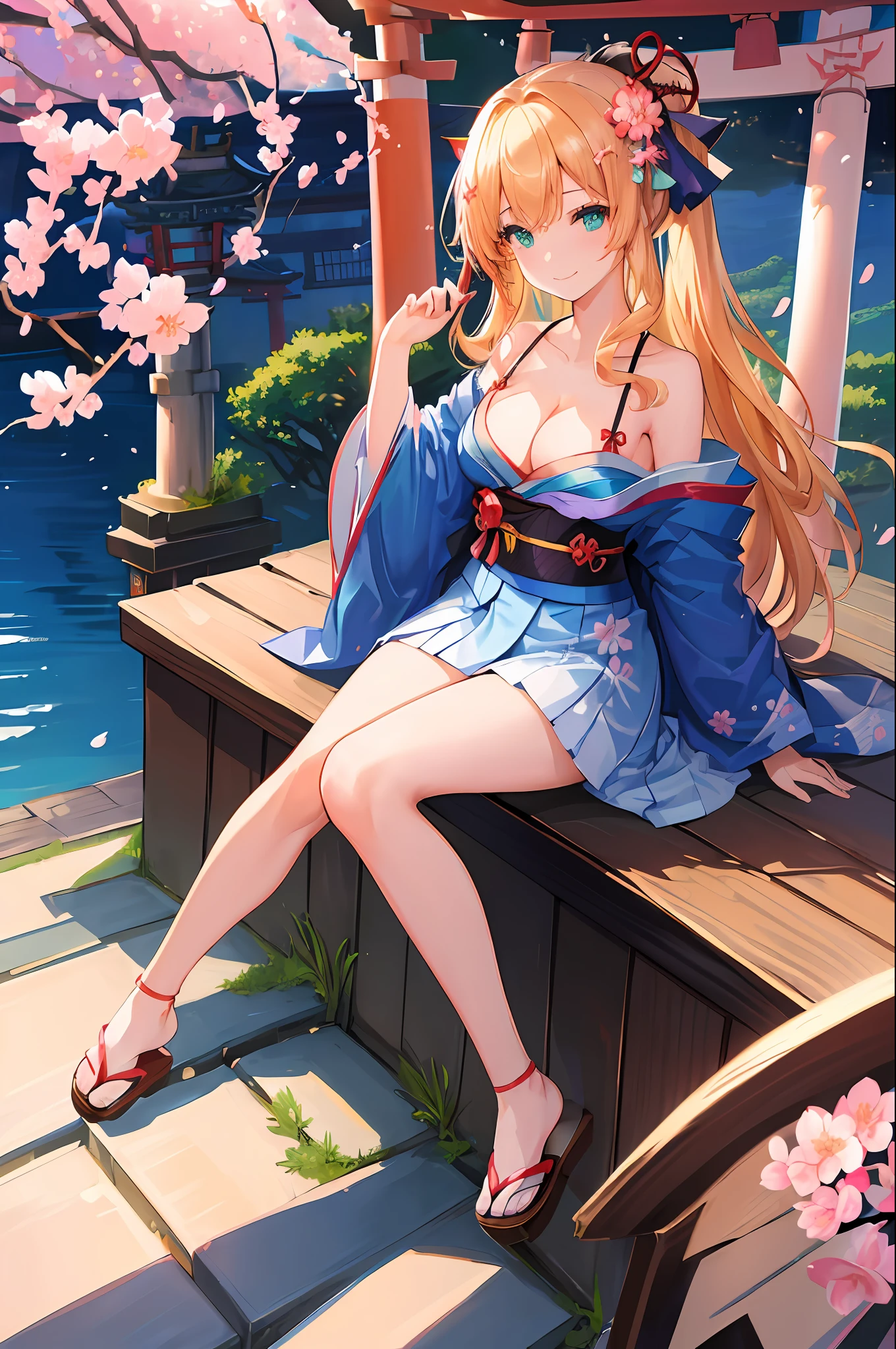 (((masterpiece: 1.5, best quality: 1.2, high resolution, super resolution, ultra detailed: 1.3, rich background: 1.4))), (close up), (1girl), solo, green eyes, blonde long hair tied with blue ribbon, hair ornament, blunt bangs, smiling, highschool girl, medium breast, ((cleavage)), ((thighs)), ((sitting)), japanese clothes, (blue short pattern kimono), sandals, ribbon, obi, ((outdoor)), cherry blossom, (torii gate), stone staircase, sky (afternoon), cherry blossoms fall, ((dramatic light: 1.3)), cloudy, (fuji scenery behind)