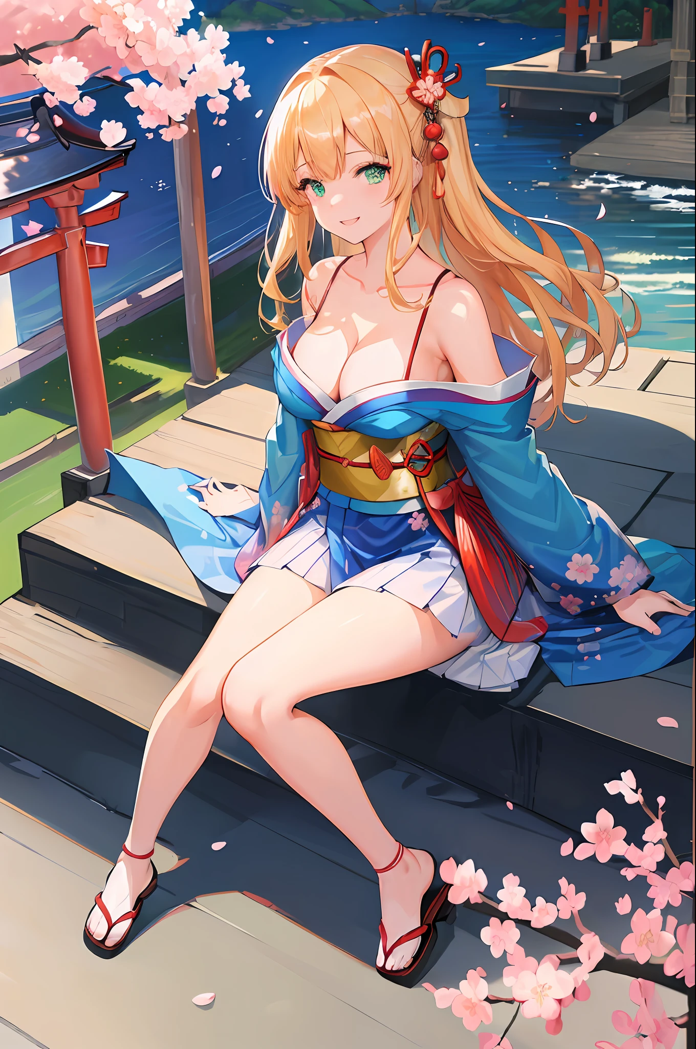 (((masterpiece: 1.5, best quality: 1.2, high resolution, super resolution, ultra detailed: 1.3, rich background: 1.4))), (close up), (1girl), solo, green eyes, blonde long hair tied with blue ribbon, hair ornament, blunt bangs, smiling, highschool girl, medium breast, ((cleavage)), ((thighs)), ((sitting)), japanese clothes, (blue short pattern kimono), sandals, ribbon, obi, ((outdoor)), cherry blossom, (torii gate), stone staircase, sky (afternoon), cherry blossoms fall, ((dramatic light: 1.3)), cloudy, (fuji scenery behind)