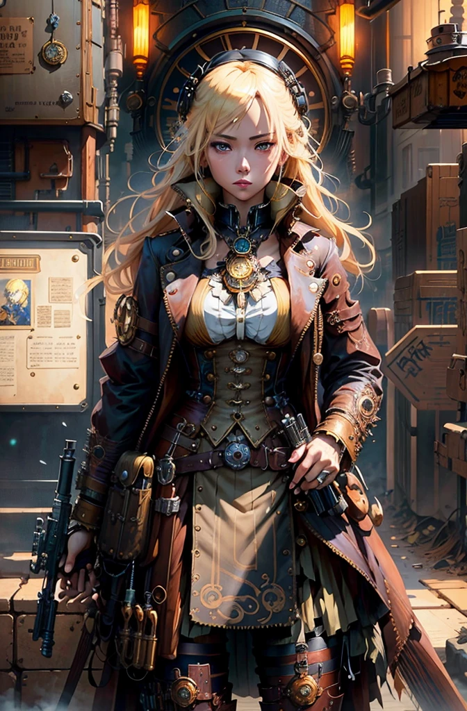 blond haired woman in a steampunk outfit holding a gun, guweiz on artstation pixiv, steampunk beautiful anime woman, guweiz on pixiv artstation, artwork in the style of guweiz, cushart krenz key art feminine, trending on artstation pixiv, stunning character art, cyberpunk anime girl, detailed anime character art, steampunk concept art