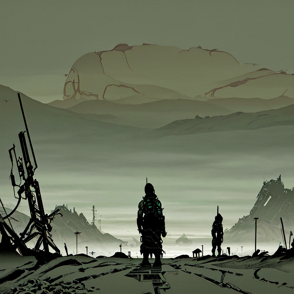 alien stranded alone and roaming in the chaos across a depressing abandoned area post – apocalyptic landscape, post – apocalyptic corrupted themes, cinematic lighting, beautiful art landscape, detailed simon stalenhag landscape