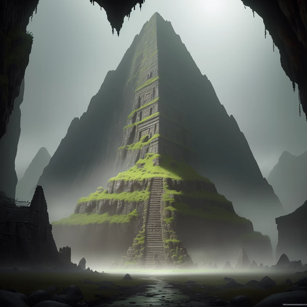 https://imgur.com/naRWdro, (best quality, masterpiece), the strong greenish light falls on a dark and unforgiving stretch inside the cave, amidst this desolation rise the ruins of an ancient Mayan pyramid (mosses, slime), a huge pyramid( black color) staggered (dirty, moss, slime), with magical inscriptions (green color), distorted background, cinematic lighting and realism, 4k photography, sadrith mora from morrowind --v 5, Horror, Spriggancore, Nostalgiacore, Prehistoric