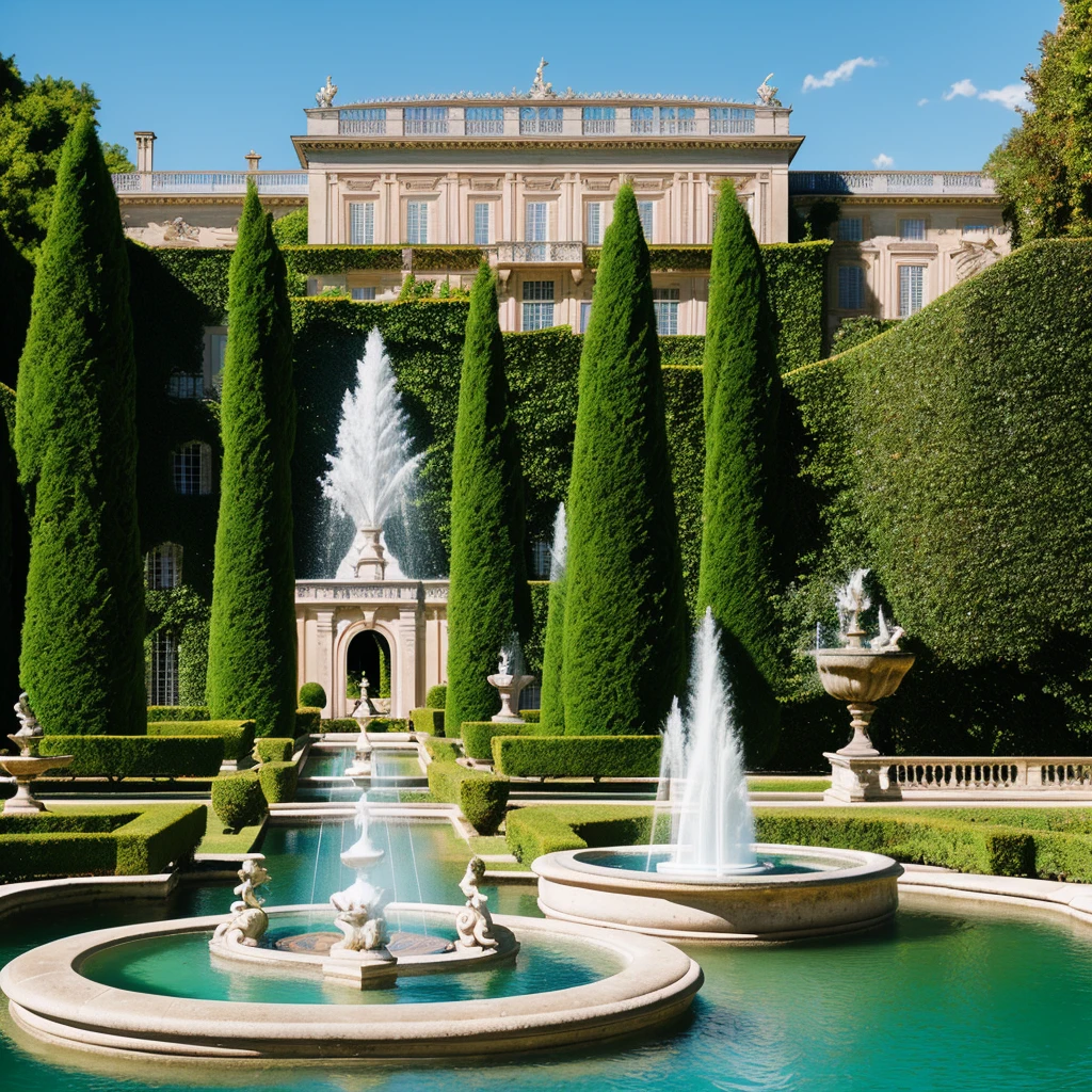 palacio de versales, chateau de versales, royal palace by the lake, gardens and fountains, by François Girardon, palace of the chalice, ornate french architecture, french architecture, louis xiv, fountains, 3 nymphs circling a fountain, fountain, neoclassicism style, 8k uhd, dslr, soft lighting, high quality, film grain, Fujifilm XT3