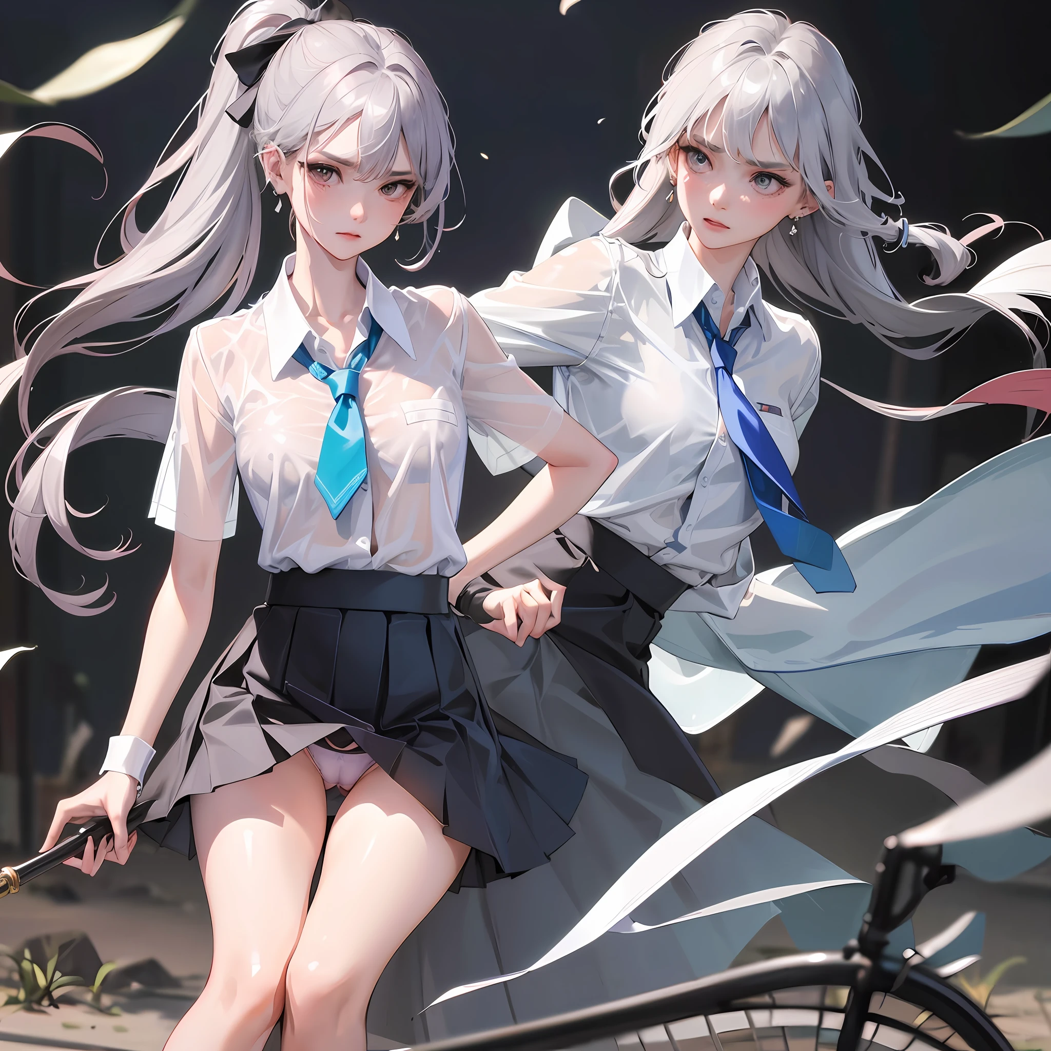 nsfw,(masterpiece:1.1), (best quality:1.0), (ultra highres:1.0) ,(8k resolution:1.2),(realistic:1.0),(ultra detailed1:0), (RAW photo:1.1),Bird's-eye angle, Shibuya_\(Japan\), outdoor, 1girl, bangs,, y pink bow panreasts, ,bone, collared_shirt, ear_piercing, earrings, eyebrows_visible_through_hair, head_tilt, jewelry, lifted_by_self, ,blue loose_necktie, medium_breasts, , pierciool_uniform, shirt, solo, underwear, white_shirt,annoyed face, (ear piercing:1:1), earrings, looking_at_camera, nail_art, nail_polish, See-through bangs,light gray hair, (blue skirt), collarbone, thigh gap, (cameltoe:1.2),small hip,(skirt lift:1.4)