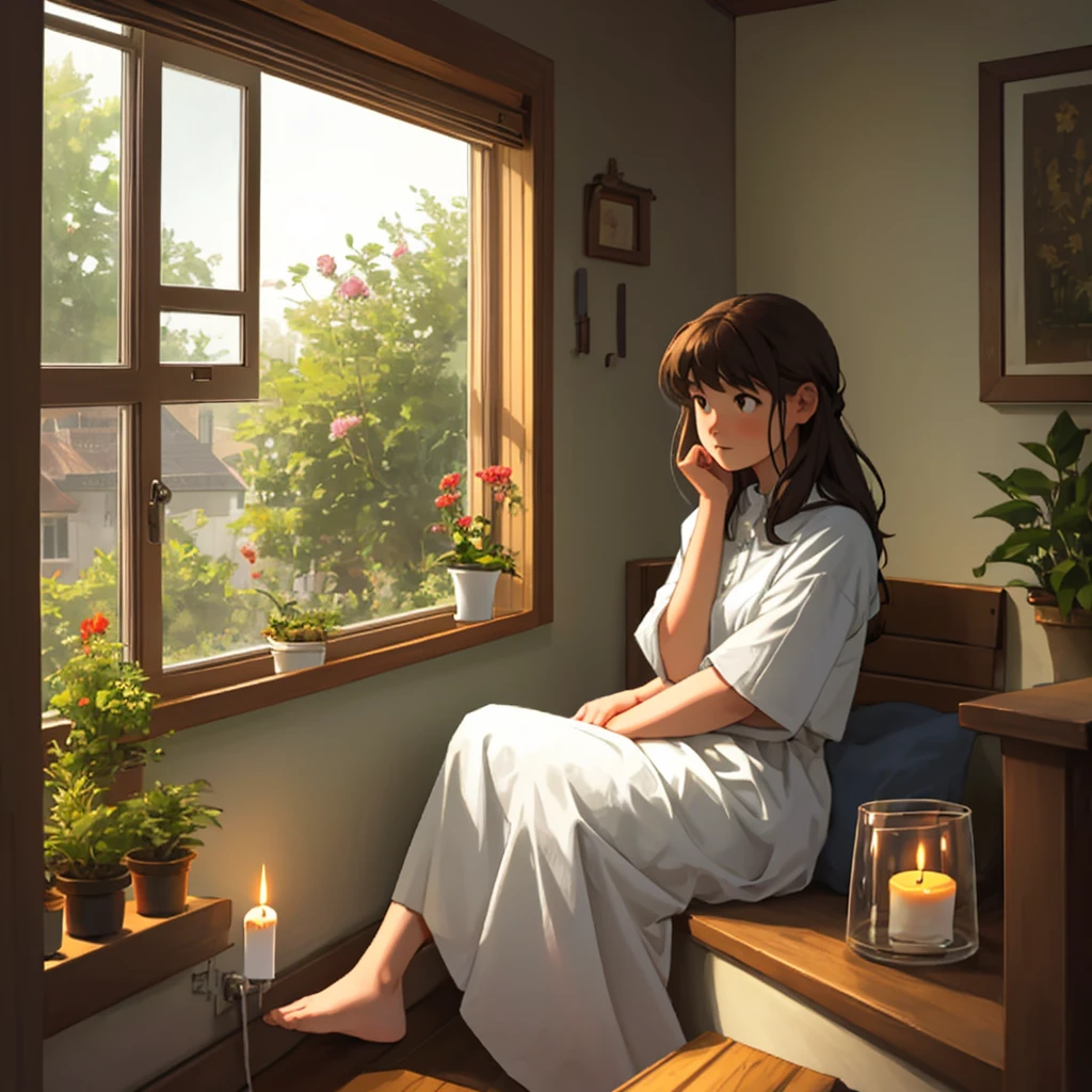 A girl sitting on a windowsill with a candle
