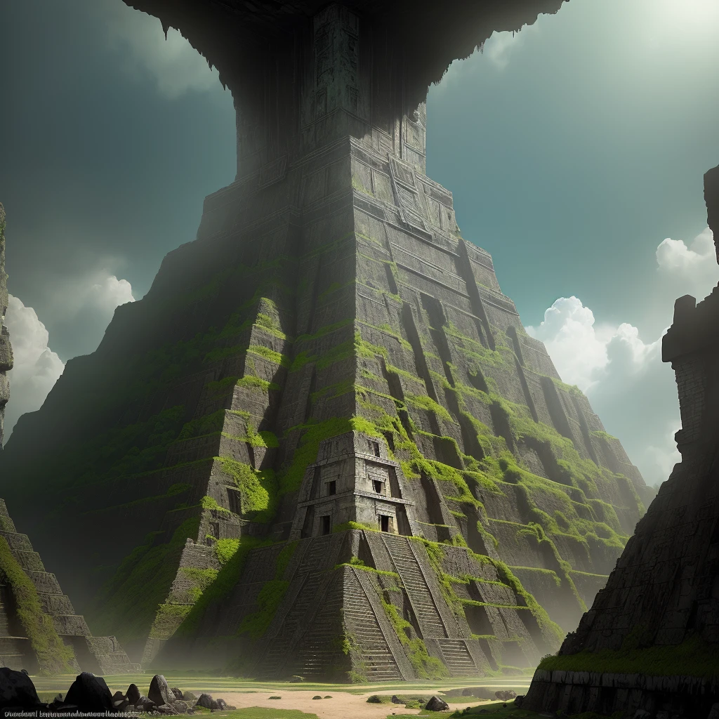 (masterpiece), (uam), 1Mayan Pyramid, (decrepit scenery), megastructure, (art by [Bastien Lecouffe-Deharme|Caspar David Friedrich]:1.2), (unreal engine rendering, photorealistic painting, photorealism:1.2) , (mysterious)(best quality, masterpiece), the strong greenish light hits a dark and relentless stretch inside the cave, amidst this desolation rises the ruin of (an) ancient Mayan pyramid (mosses, mud ), (one) (1) huge pyramid( black color) staggered (dirty, moss, slime), with magical inscriptions (green color), distorted background