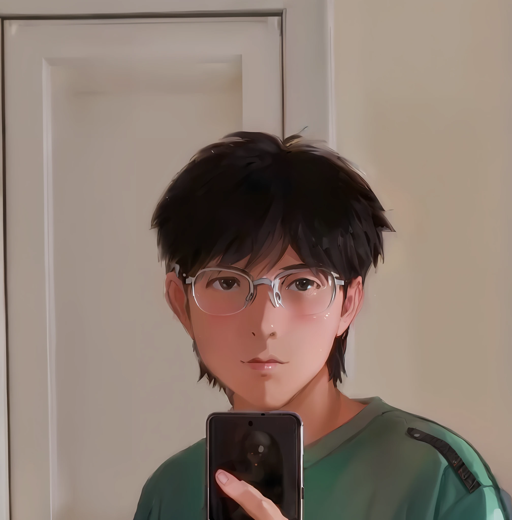 ((masterpiece)), ((best quality)), 8k, high detailed, ultra-detailed, A boy taking a selfie, 1 boy, self-portrait, avatar, anime style in Kyoto Animation's art style, slightly chubby, wearing white glasses, inspired by Makoto Shinkai's "Your Name", backdrop of Tokyo streets.