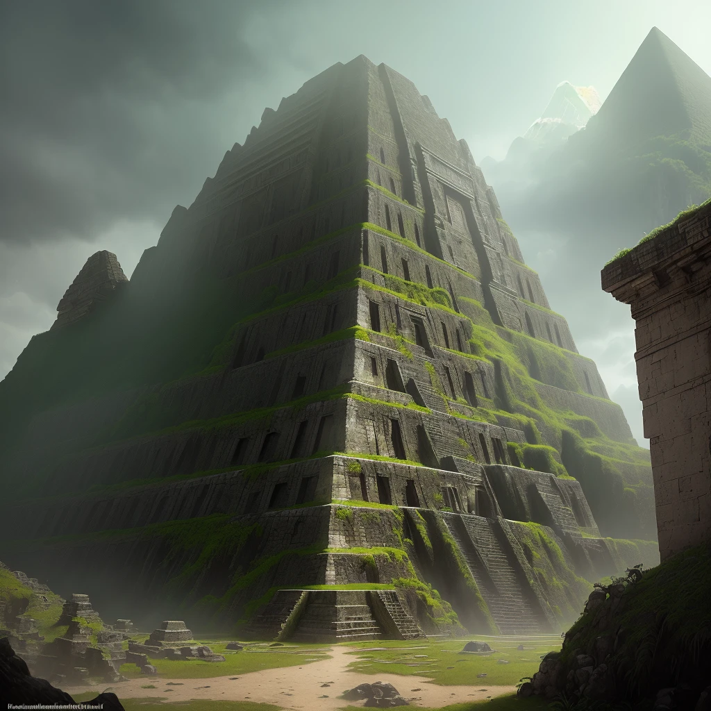 (masterpiece), (uam), 1Mayan Pyramid, (decrepit scenery), megastructure, (art by [Bastien Lecouffe-Deharme|Caspar David Friedrich]:1.2), (unreal engine rendering, photorealistic painting, photorealism:1.2) , (mysterious)(best quality, masterpiece), the strong greenish light hits a dark and relentless stretch inside the cave, amidst this desolation rises the ruin of (an) ancient Mayan pyramid (mosses, mud ), (one) (1) huge pyramid( black color) staggered (dirty, moss, slime), with magical inscriptions (green color), distorted background