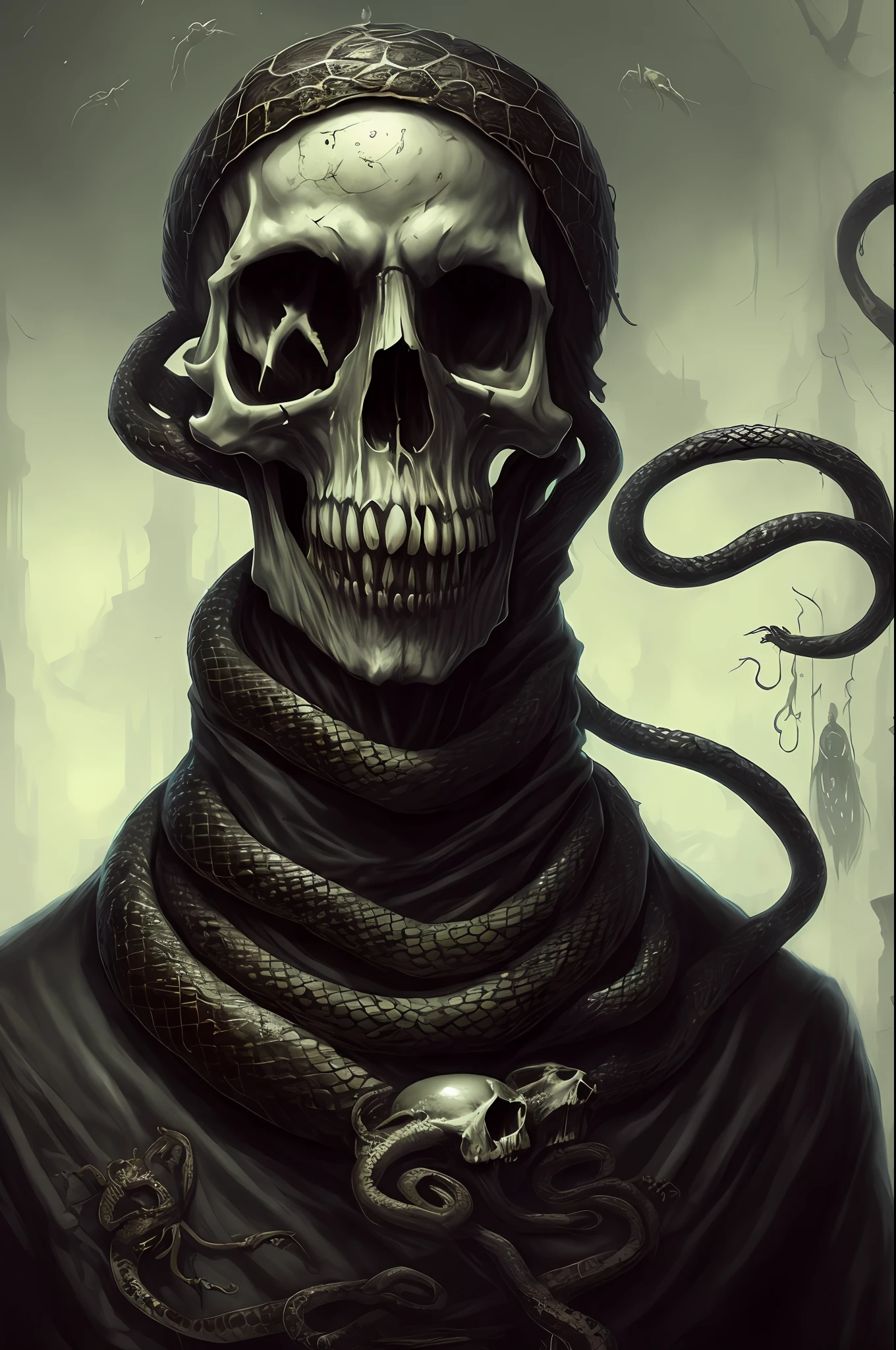 there is a man with a skull and a snake around his neck, digital art inspired by Aleksi Briclot, Artstation contest winner, gothic art, horror fantasy art, fantasy horror art, dark fantasy horror art, detailed 4k horror artwork, elegant horror artwork, macabre art, dug stanat macabre art, horrific digital art, in style of dark fantasy art