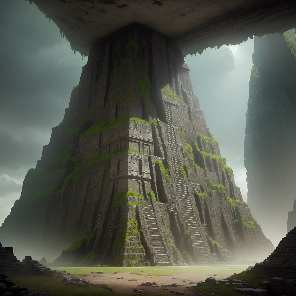 (masterpiece), (uam), 1Mayan Pyramid, (decrepit scenery), megastructure, (art by [Bastien Lecouffe-Deharme|Caspar David Friedrich]:1.2), (unreal engine rendering, photorealistic painting, photorealism:1.2) , (mysterious)(best quality, masterpiece), the strong greenish light hits a dark and relentless stretch inside the cave, amidst this desolation rises the ruin of (an) ancient Mayan pyramid (mosses, mud ), (one) (1) huge pyramid( black color) staggered (dirty, moss, slime), with magical inscriptions (green color), distorted background