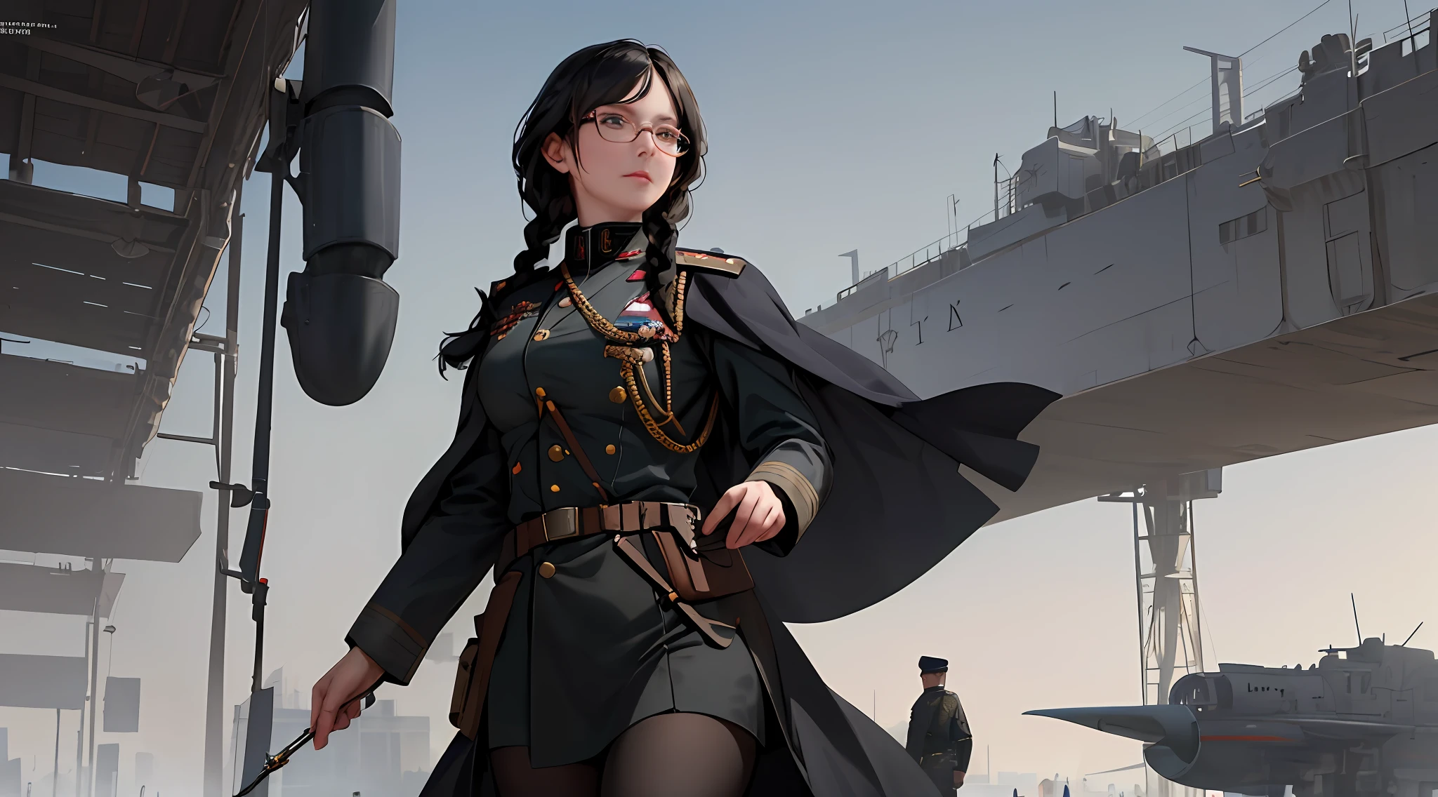 (double braids and bangs: 1.8), (most realistic facial details, referring to the WWI Russian Army Commander's uniform: 1.5), a 28-year-old woman with big breasts and black eyes. Dark, dark black hair, thick red glasses, dressed modestly. as the supreme commander stood In the middle of the runway and watching the plane take off, masterpiece, realistic, sci-fi science fiction, beautiful eyes, realistic sci-fi movie, (remote camera), CG face decoration, realistic