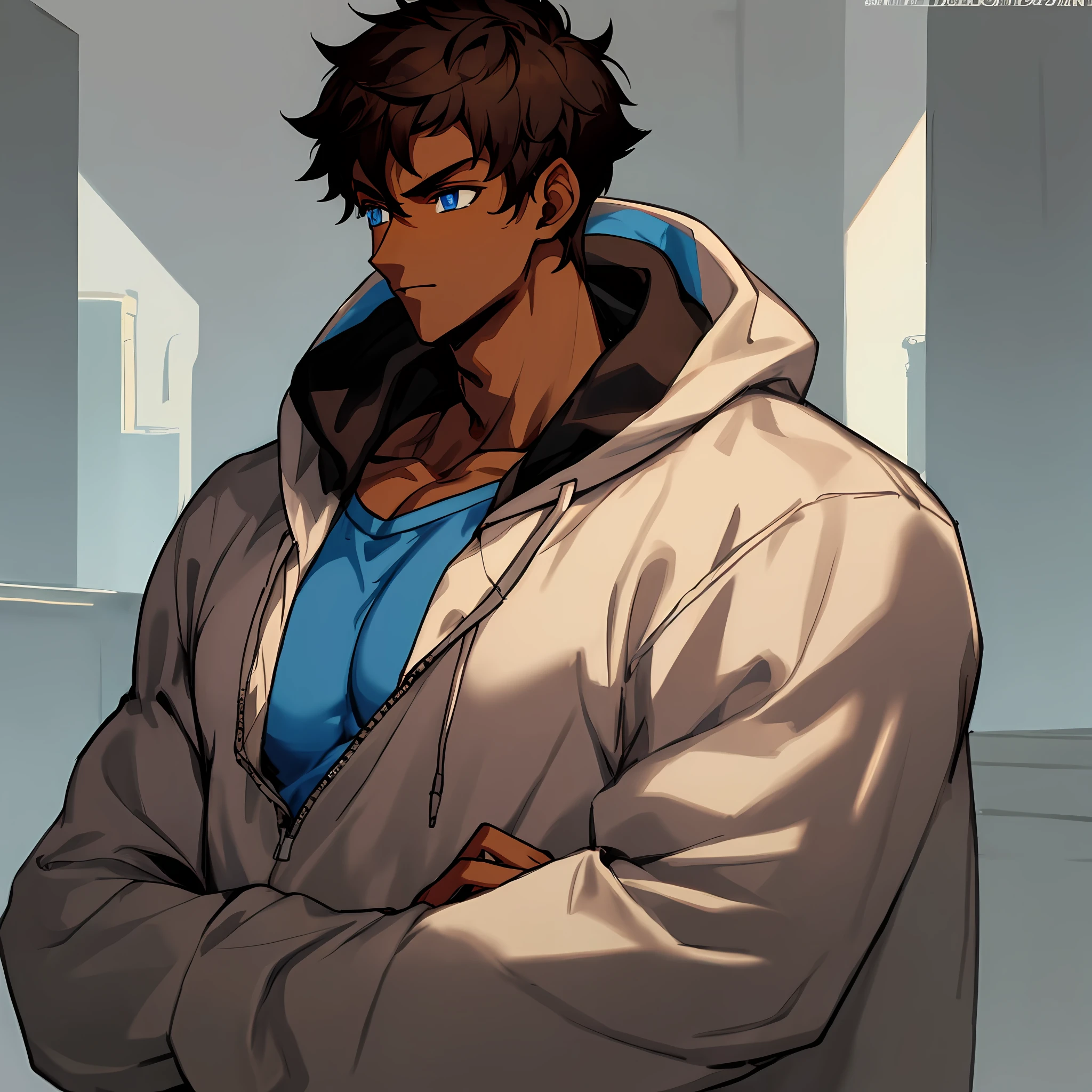 boy wearing a sweatshirt to hide his muscular build, dark skin, blue eyes, dark brown hair