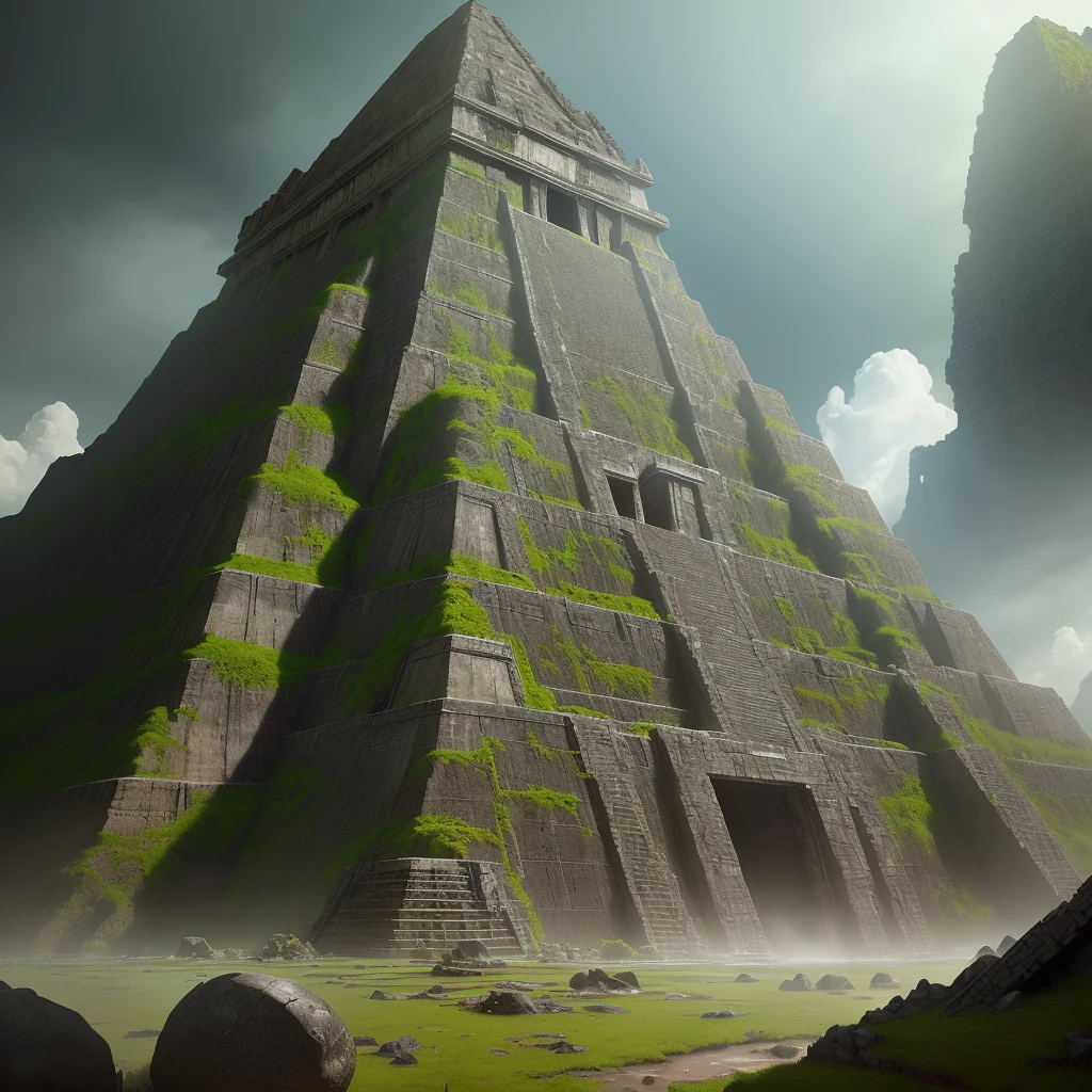 (masterpiece), (uam), 1Mayan Pyramid, (decrepit scenery), megastructure, (art by [Bastien Lecouffe-Deharme|Caspar David Friedrich]:1.2), (unreal engine rendering, photorealistic painting, photorealism:1.2) , (mysterious)(best quality, masterpiece), the strong greenish light hits a dark and relentless stretch inside the cave, amidst this desolation rises the ruin of (an) ancient Mayan pyramid (mosses, mud ), (one) (1) huge pyramid( black color) staggered (dirty, moss, slime), with magical inscriptions (green color), distorted background