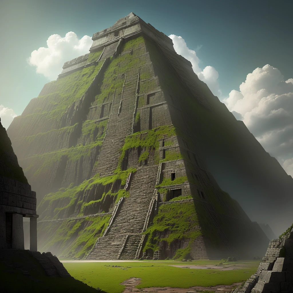 (masterpiece), (uam), 1Mayan Pyramid, (decrepit scenery), megastructure, (art by [Bastien Lecouffe-Deharme|Caspar David Friedrich]:1.2), (unreal engine rendering, photorealistic painting, photorealism:1.2) , (mysterious)(best quality, masterpiece), the strong greenish light hits a dark and relentless stretch inside the cave, amidst this desolation rises the ruin of (an) ancient Mayan pyramid (mosses, mud ), (one) (1) huge pyramid( black color) stepped (dirty, moss, slime), with magical inscriptions (green color), foggy background