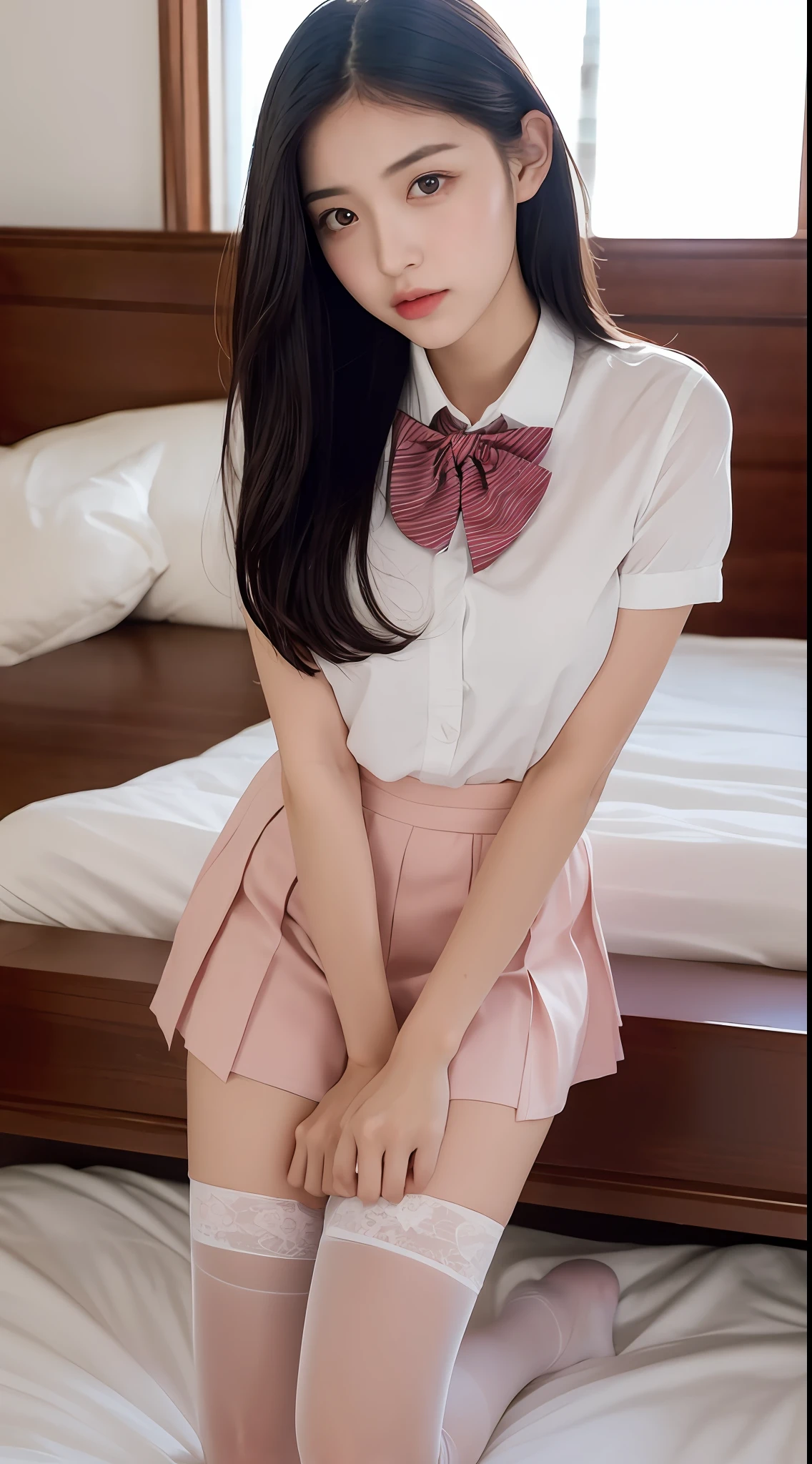 (realistic light, best quality, 8k, masterpiece: 1.3)), 1girl, a slender beautiful woman: 1.4, 18 female high school student sexy, white skin, double eyelids, delicate eyes, white short shirt, pink bow tie, Pink pleated skirt, white sheer stockings, in the room, sitting on the white bed, leaning forward on the bed with hands supporting the body, looking at the front charmingly, half of the black hair is in the front and half in the back