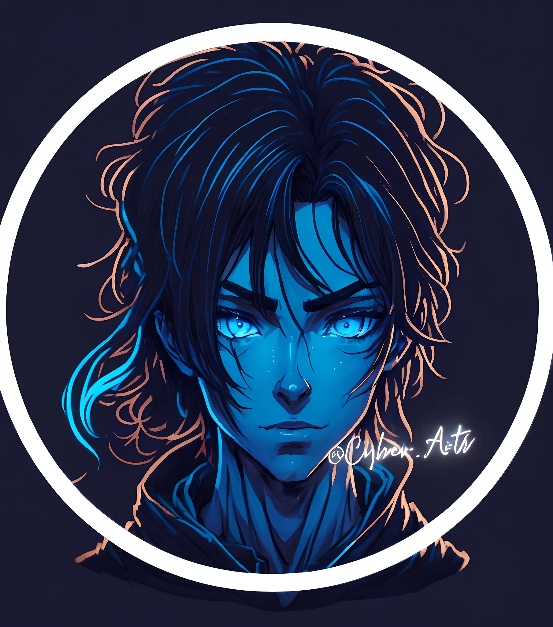 a close up of a person with a blue eyes and a black background, caleb from critical role, demon slayer rui fanart, handsome guy in demon slayer art, eren yeager, glowing blue face, l critical role, makoto shinkai ( apex legends ), unknown artstyle, demon slayer artstyle, eren jaeger, anime style portrait, anime style character