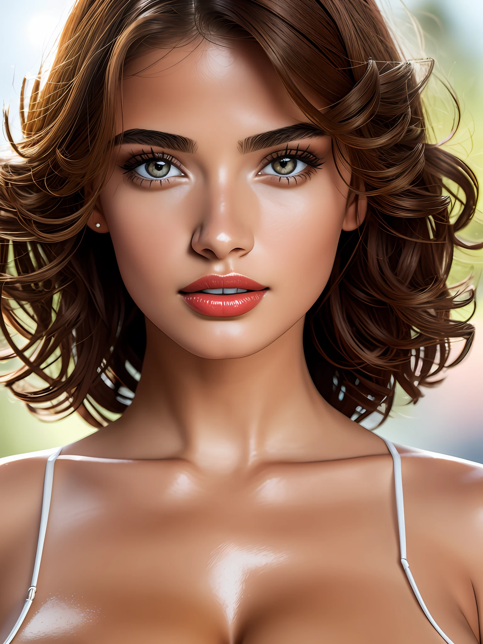a beautiful woman wearing a mini dress, beautiful eye details, slightly curly hair, brown hair color, smooth skin tone, thin red lips, cleavage, best quality masterpiece, photorealistic, detailed, 8k, HDR, shallow depth of field, broad light, high contrast, backlighting, bloom, light sparkles, chromatic aberration, sharp focus, RAW color photo