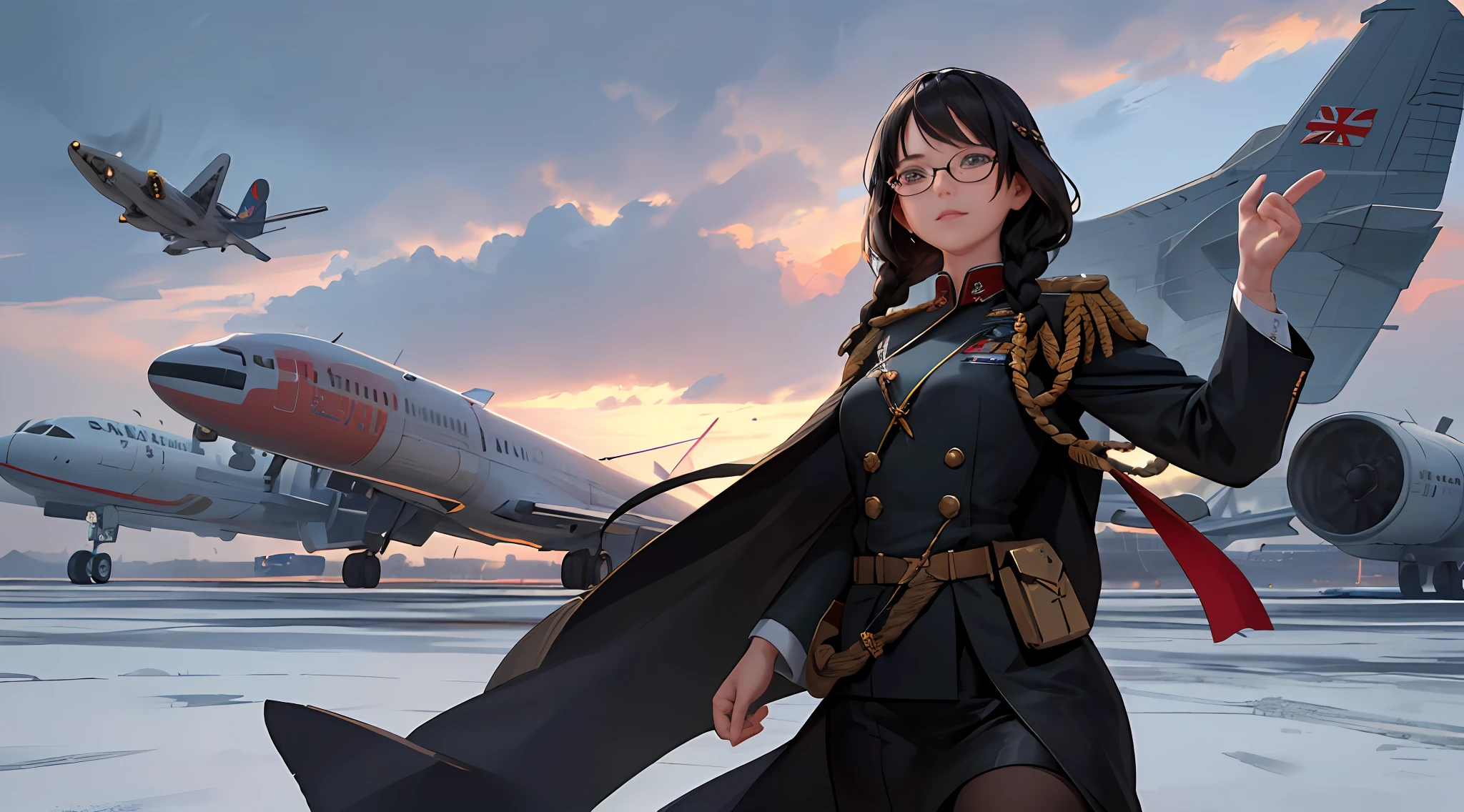(double braids and bangs: 1.8), (most realistic facial details), referring to the British World War II Commander's uniform: 1.5), a 28-year-old woman, tall, large breasts, dark eyes, dark hair. Dark black with thick red glasses, dressed modestly. as the supreme commander stood In the middle of the runway and watching the plane take off, masterpiece, realistic, sci-fi science fiction, beautiful eyes, realistic sci-fi movie, (remote camera), CG face decoration, realistic