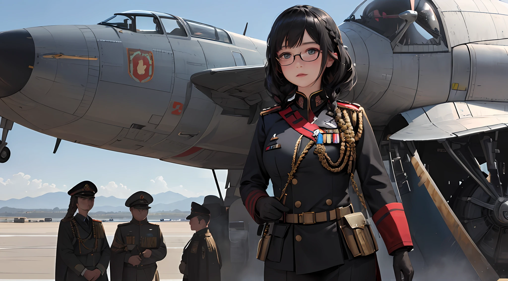 (double braids and bangs: 1.8), (most realistic facial details), referring to the British World War II Commander's uniform: 1.5), a 28-year-old woman, tall, , dark eyes, dark hair. Dark black with thick red glasses, dressed modestly. as the supreme commander stood In the middle of the runway and watching the plane take off, masterpiece, realistic, sci-fi science fiction, beautiful eyes, realistic sci-fi movie, (remote camera), CG face decoration, realistic