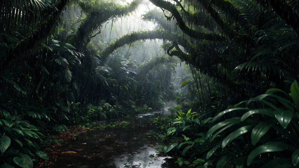 A jungle, with intense rainfall, monochromatic, vines all around, giant and wet trees, masterpiece, best quality, high quality, extremely detailed CG unity 8k wallpaper, oil paiting, award winning photography, Bokeh, Depth of Field, HDR, bloom, Chromatic Aberration ,Photorealistic,extremely detailed, trending on artstation, trending on CGsociety, Intricate, High Detail, dramatic, art by midjourney, volumetric lighting.

Image Size                      : 960x536