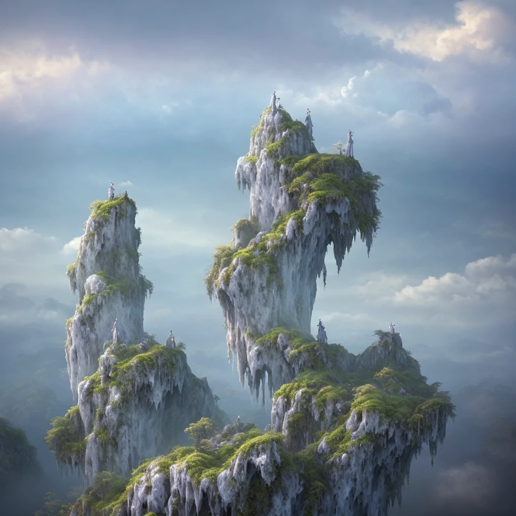 A surreal dreamscape representing a long distant relationship, two figures walking on floating islands, separated by vast expanses of mist and clouds, an otherworldly atmosphere permeated by a soft, diffused light, wisps of fog intertwining with their outstretched hands, evoking a sense of longing and hope, sculpture, marble carved with intricate details, capturing the ethereal quality of their connection, --ar 16:9 --v 5