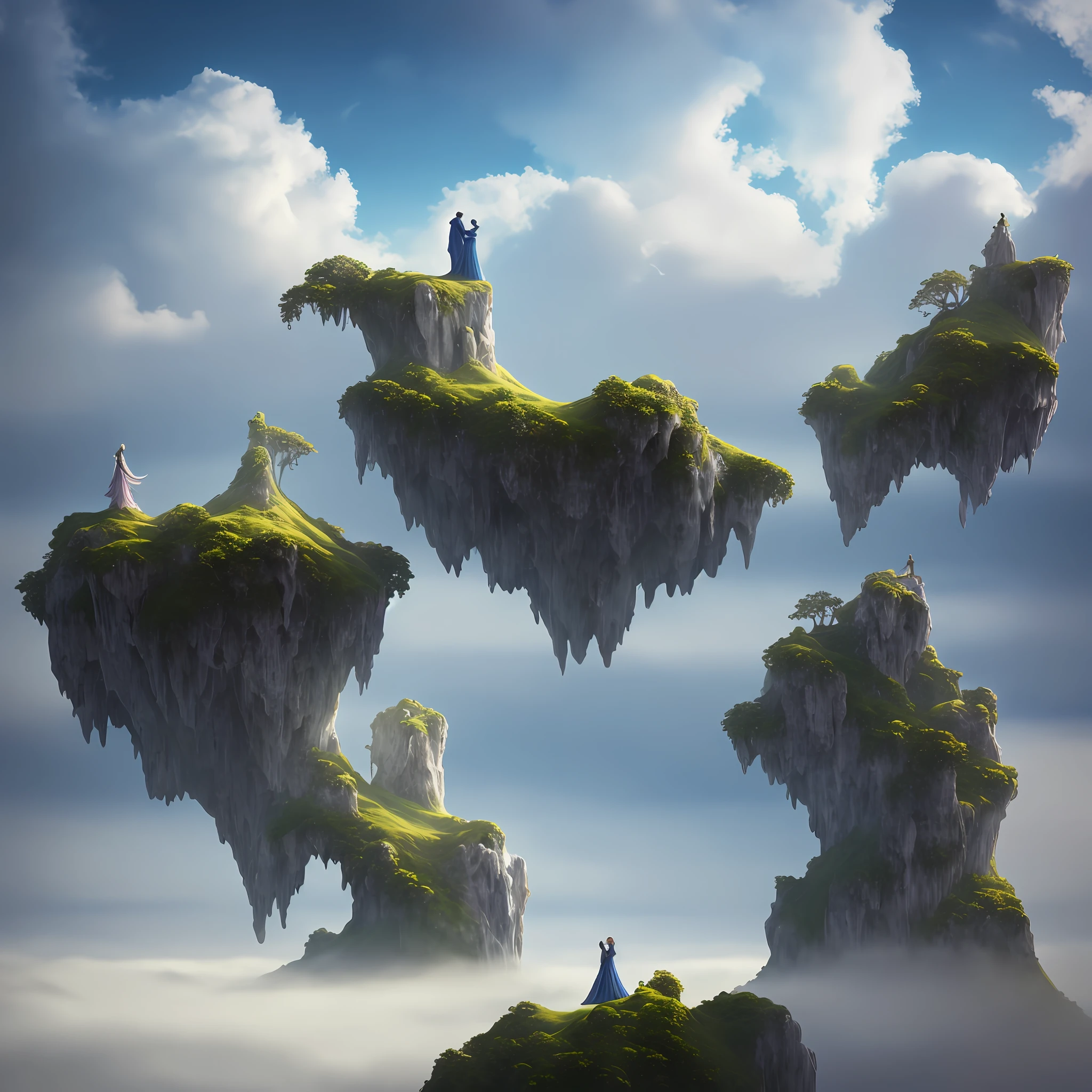 A surreal dreamscape representing a long distant relationship, two figures walking on floating islands, separated by vast expanses of mist and clouds, an otherworldly atmosphere permeated by a soft, diffused light, wisps of fog intertwining with their outstretched hands, evoking a sense of longing and hope, sculpture, marble carved with intricate details, capturing the ethereal quality of their connection, --ar 16:9 --v 5