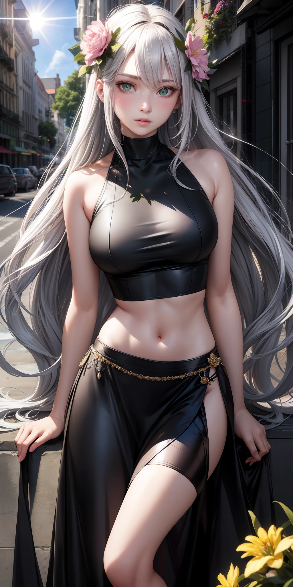 realistic, 1girl, silver hair, very long hair, green eyes, glowing eyes, crop top, skirt, parted lips, blush, night, flowers, sun, sunlight,