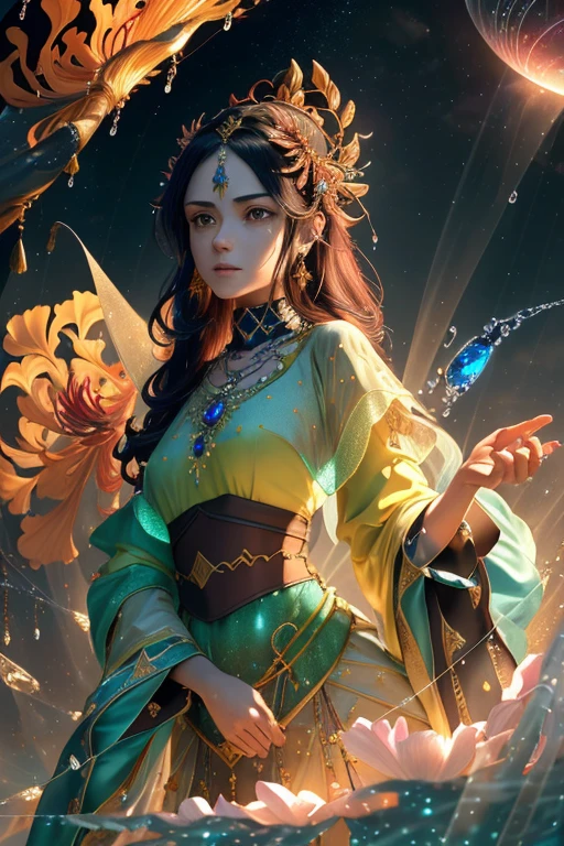sparkle necklace, intricate jewelry, ancient clothes, trailing water on the air, aurora, hand free, highres, yellow and blue lighting,best quality, beautifully painted,highly detailed,(denoising:0.6),[splash ink],((ink refraction)), (beautiful detailed sky),moon,highly,detaild,(masterpiece, best quality, extremely detailed CG unity 8k wallpaper,masterpiece, best quality, ultra-detailed),(Lycoris radiata),