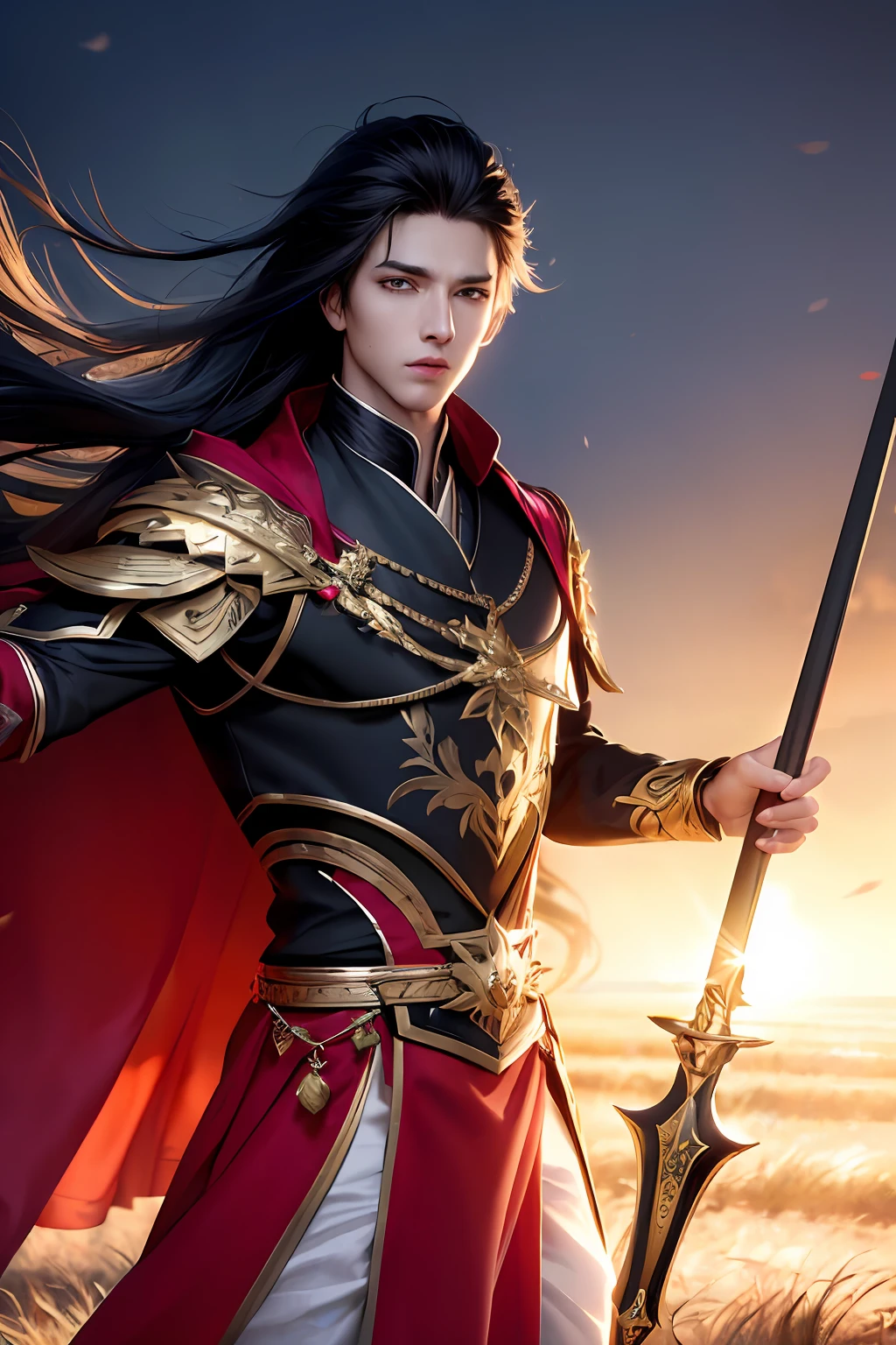 masterpiece, high quality, ground focus, (perfect face: 1.1), (high detail: 1.1), (dramatic, 2.5), (long black hair: 1.3) action shot, dressed in Imperial Prince clothes and armor: 1.3, gold jewelry: 1.3, long black hair: 1.3, holding long sword 1.2), (in open plains, daytime, bright light: 1.3), young men, messy hair, fashion hairstyles, battle posture, hyper detailed, digital artwork, studio quality, smooth rendering, unreal engine 5 rendering, octane rendering, 8K, European male with Korean features, prince clothes, long red cape, manhwa anime, shonen