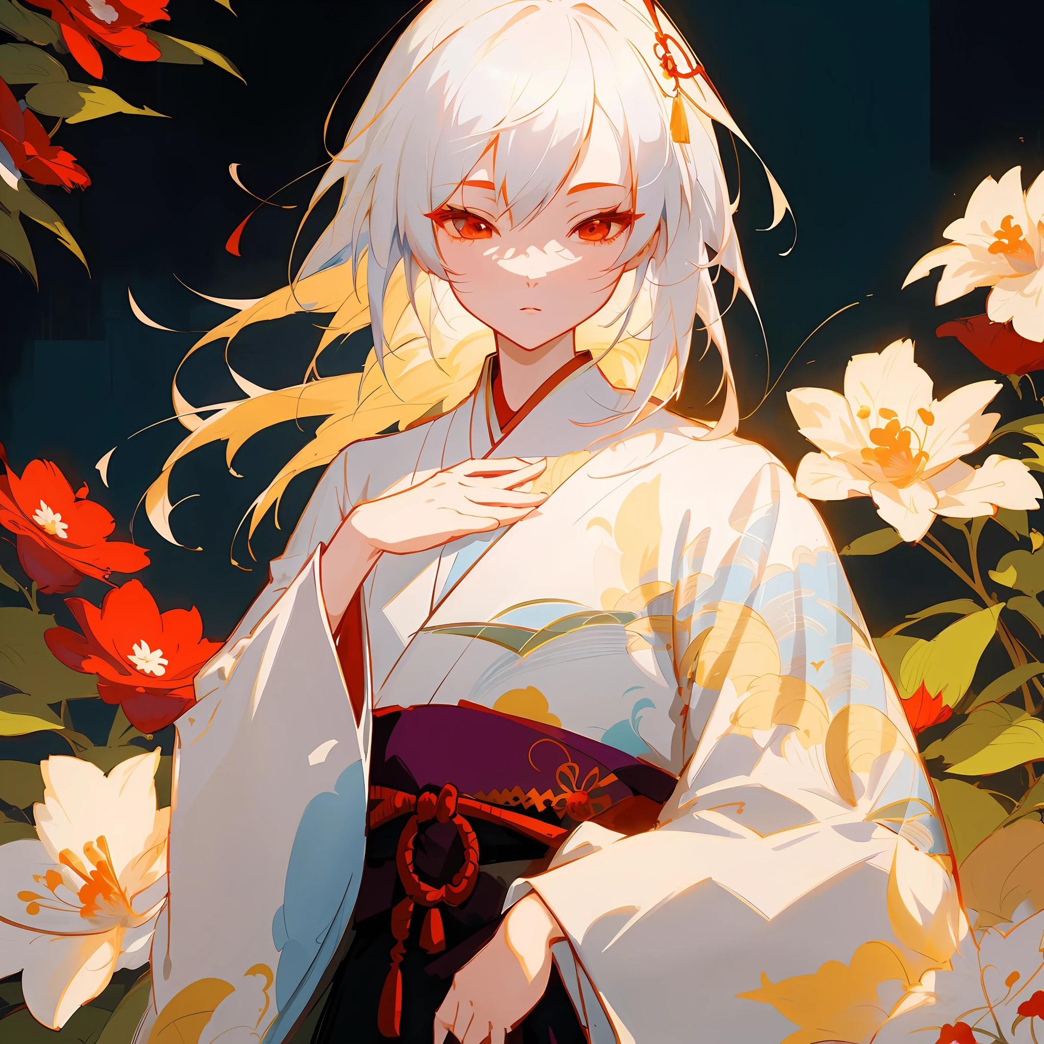 anime girl in kimono outfit standing in front of flowers, white haired deity, onmyoji portrait, onmyoji detailed art, onmyoji, anime style 4 k, guweiz on pixiv artstation, beautiful anime portrait, anime style illustration, digital anime illustration, digital anime art, guweiz on artstation pixiv, zerochan art