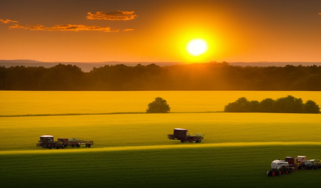 &quot;(rural landscape, cattle grazing, soybean crop harvesting, farm machinery in action, golden sunset, complete realism)&quot;