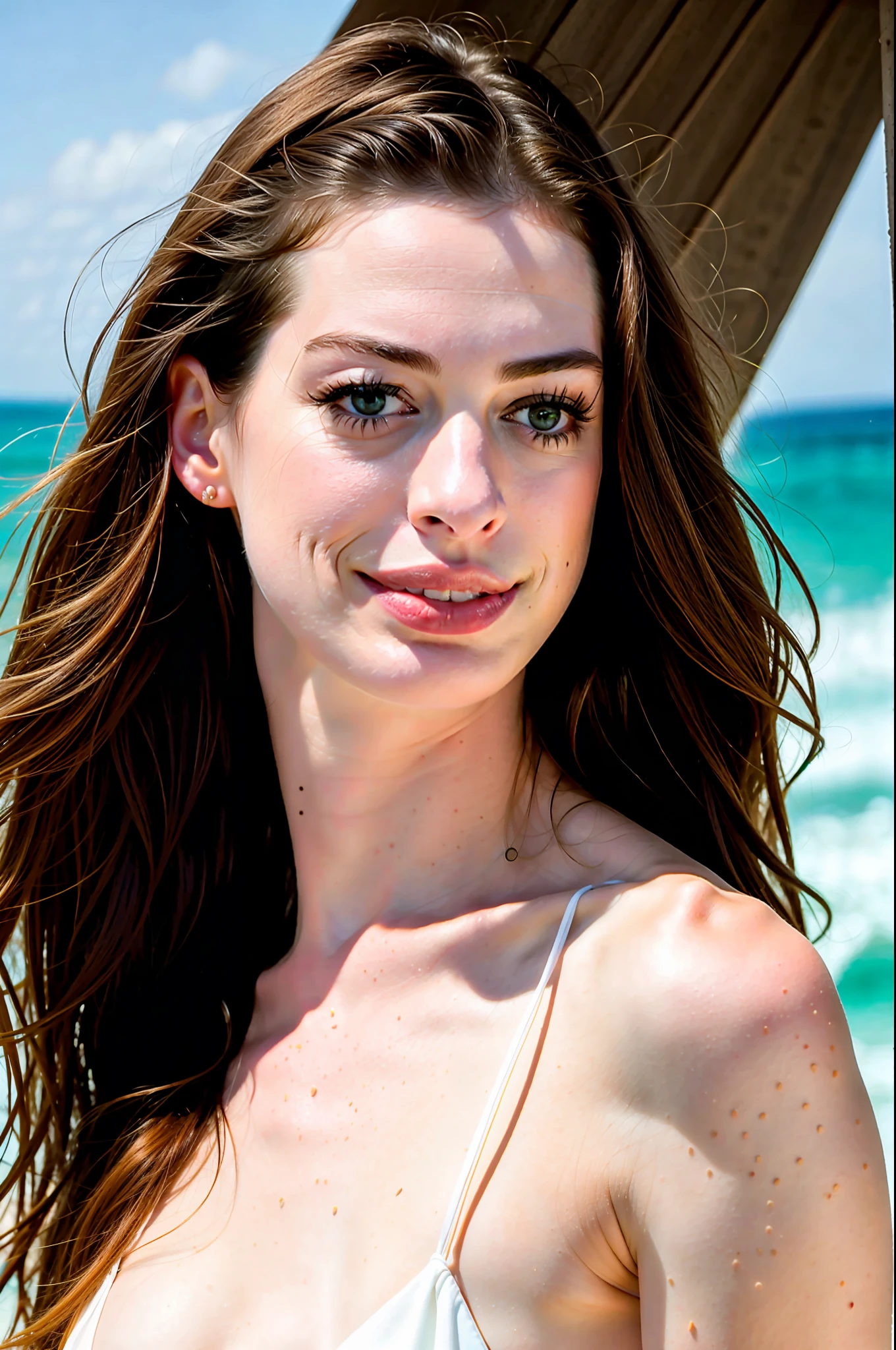 RAW photo, a close up portrait photo of anne hathaway in string bikini clothes, long hair, pale skin, background is a beach, (high detailed skin:1.2), 8k uhd, dslr, soft lighting, high quality, film grain, Fujifilm XT3