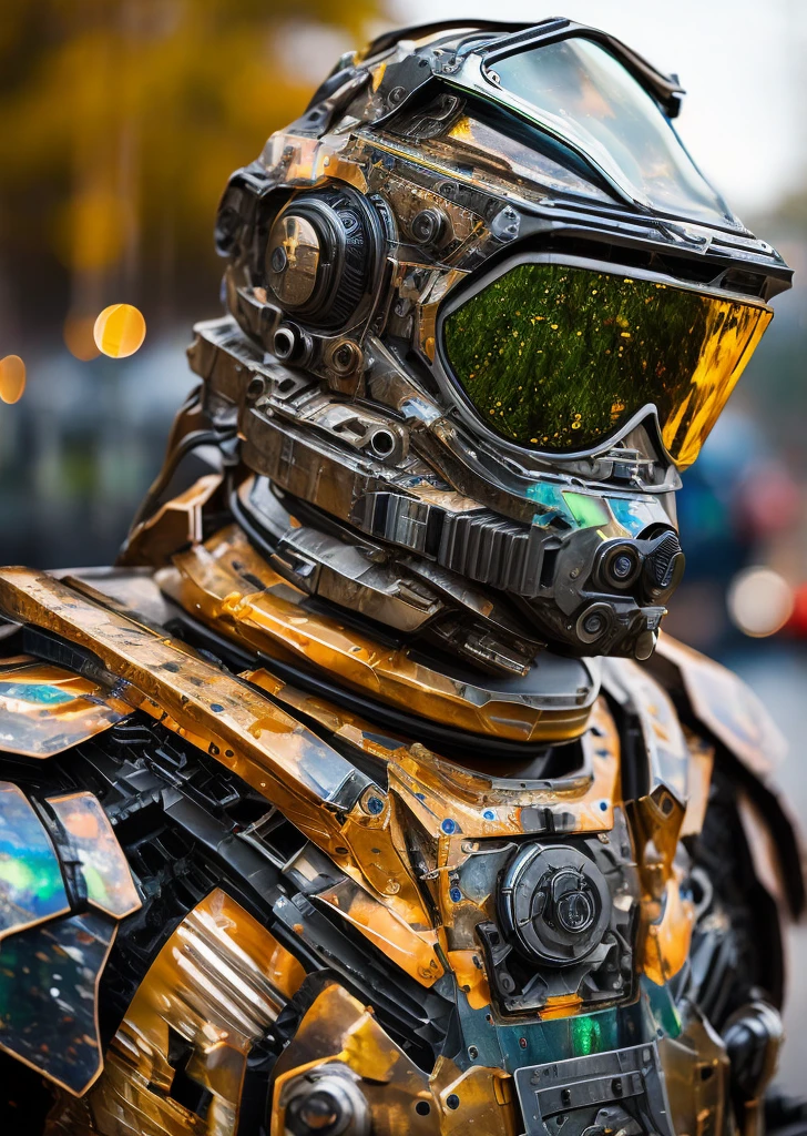 Portrait photo of transparent camo worn mech suit, ((light bokeh)), intricate, ((translucent) liquid water [rust]), elegant, sharp focus, photo by greg rutkowski, soft lighting, vibrant colors, masterpiece, ((streets)), detailed face