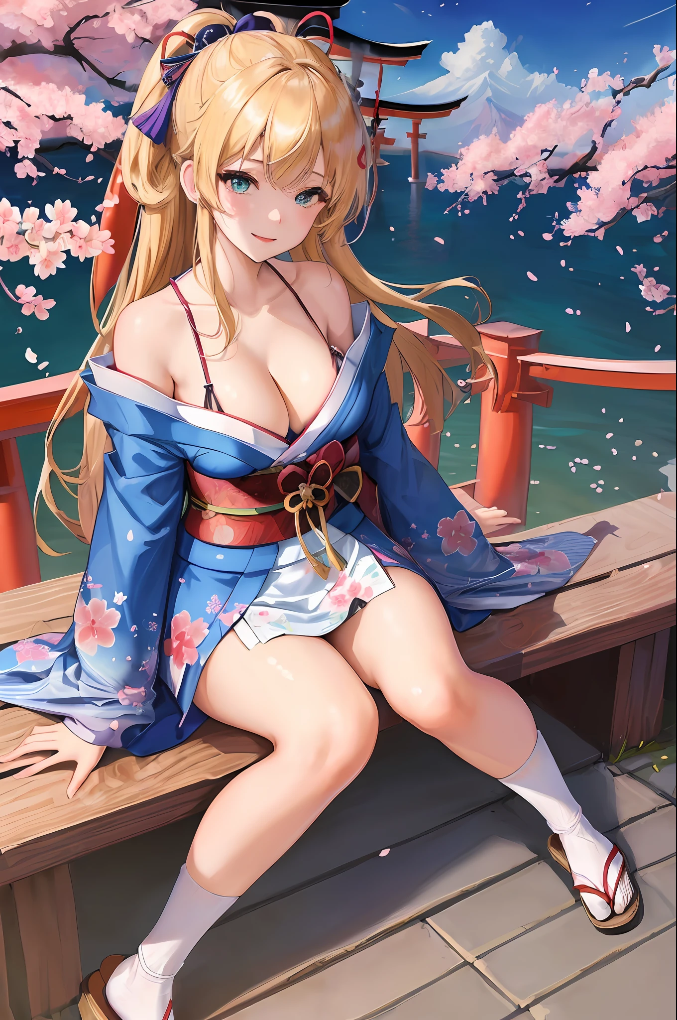 (((masterpiece: 1.5, best quality: 1.2, high resolution, super resolution, ultra detailed: 1.3, rich background: 1.4))), (from below), (1girl), solo, green eyes, blonde long hair tied with blue ribbon, hair ornament, blunt bangs, smiling, highschool girl, medium breast, ((cleavage)), ((clearly seen breast)), (white pantsu), ((thighs)), ((sitting)), japanese clothes, (blue short pattern kimono), sandals, ribbon, obi, ((outdoor)), cherry blossom, (torii gate), stone staircase, sky (afternoon), cherry blossoms fall, ((dramatic light: 1.3)), cloudy, (fuji scenery behind)