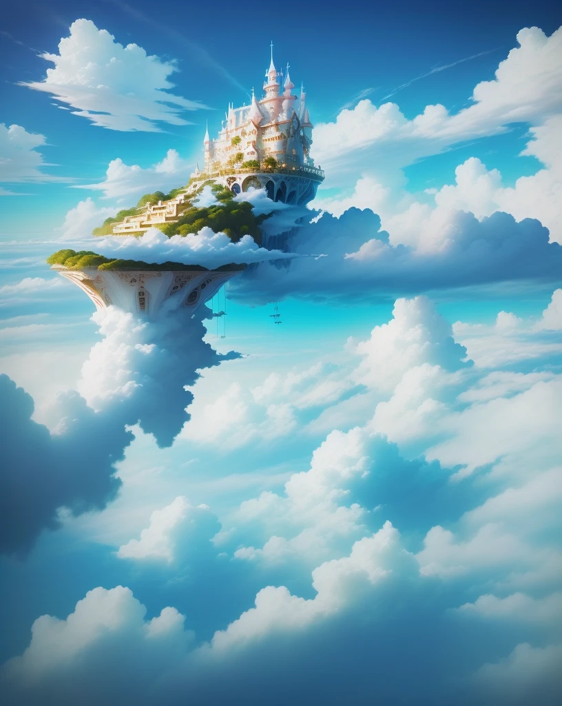 there is a bed that is in the sky with a ladder, dreamlike surrealism, lie on white clouds fairyland, dreams invading mundane spaces, dreamy illustration, floating island in the sky, surreal 3 d render, floating city on clouds, heaven in the top, on clouds, cloud palace, floating lands in-clouds, dreamy clouds, floating in the sky