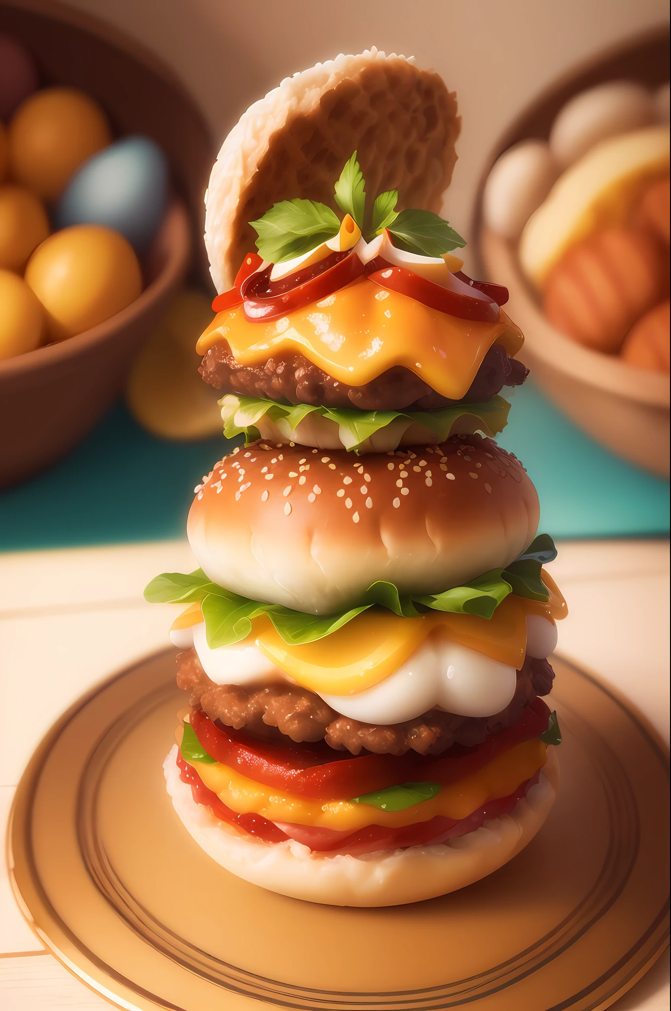 ((best quality)), ((masterpiece)), (detailed), MOCKUP of a cute hamburger in fun pose, foodmade, smash, delicious, Irresistible, golden ratio symmetry, centered color studio photography, vibrant colors and appetizing, mouth-watering details, charming textures, cheerful and inviting atmosphere, whimsical background elements complementing the story, comic style, professional color grading, photo studio window lighting, sharp focus, high-resolution food photography pixar style, masterpiece, ultra detailed, highly detailed, high definition, perfect composition, intricate, cute and beautiful, sharp features, pixar style commercial photography, beautiful detailed intricate octane insanderization trending pixar style artstation, award winning photography , sharp details, high resolution, stock photo, all in pixar style, (fantasy illustration: 1.3), (high resolution: 1.2)