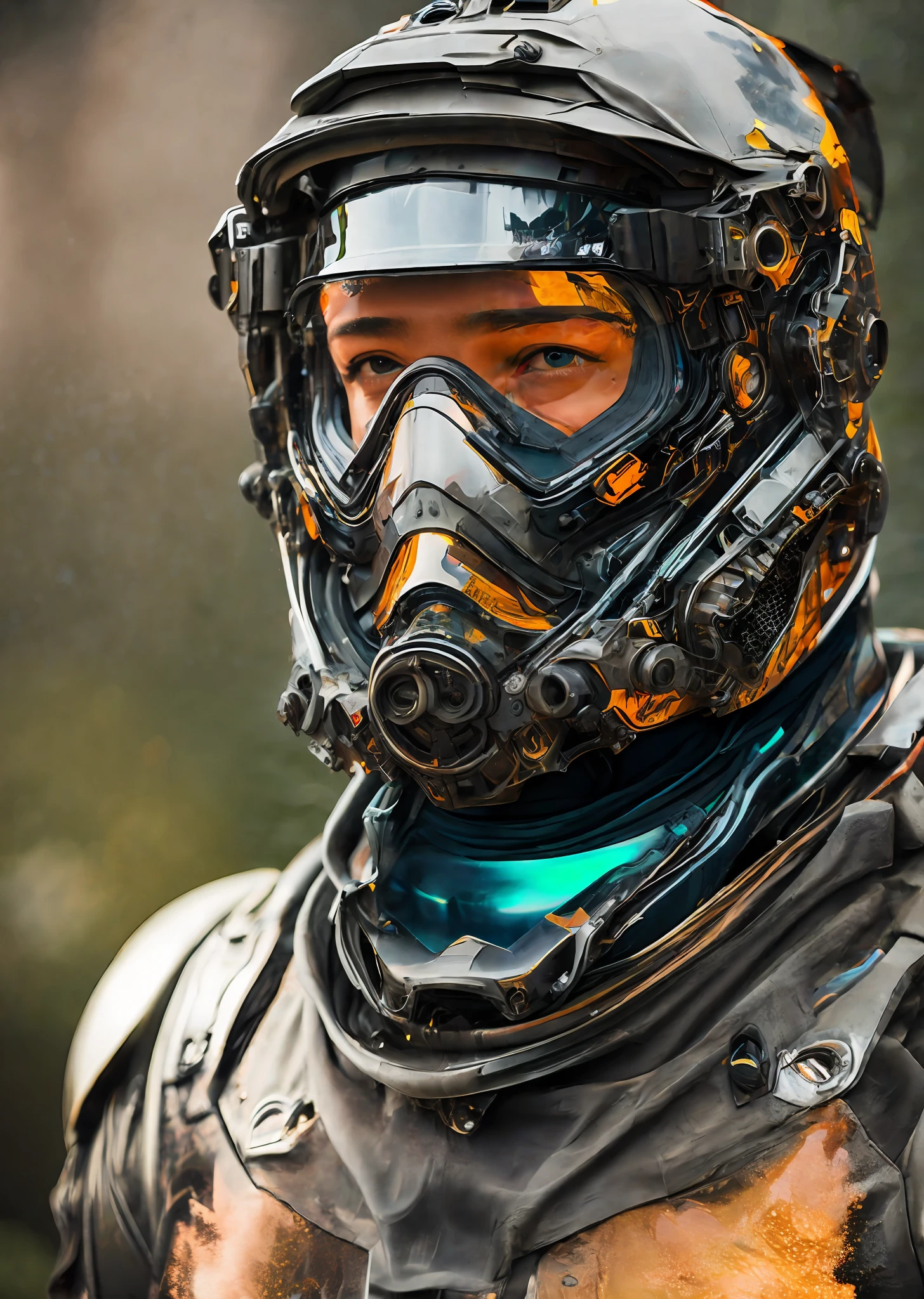 Portrait photo of transparent camo worn mech suit, ((light bokeh)), intricate, ((translucent) liquid water [rust]), elegant, sharp focus, photo by greg rutkowski, soft lighting, vibrant colors, masterpiece, ((streets)), detailed face