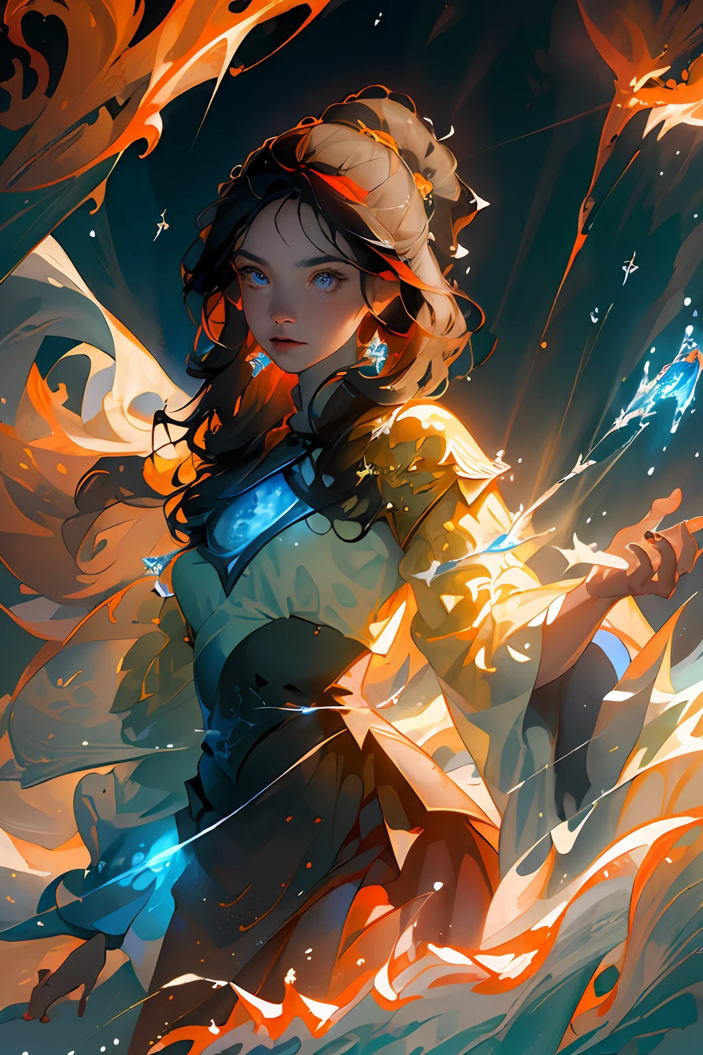 flame and water, blue and orange, (best quality, masterpiece), moon, magical, pose, ice and fire particle, magic, hand conjuring water, big magic, water trail on air, wind, flower, upper body, detailed background, detailed clothes, glowing, looking at viewer
