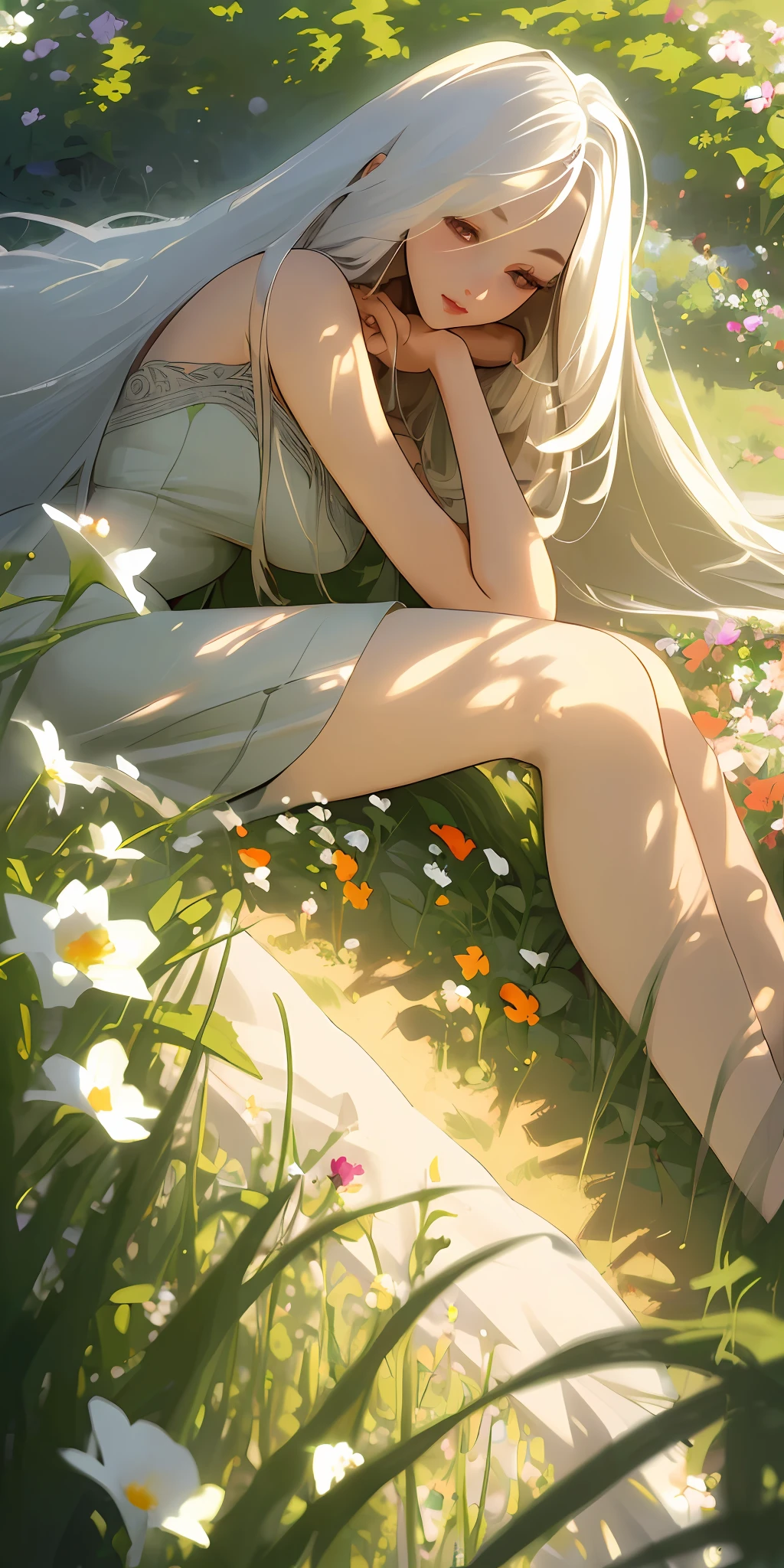 (masterpiece, best quality),1girl with long white hair , flowers field, laying on the garden, short dress, sexy, nfsw, beautiful trees shadows on the face, ultra realistic, photorealistic, detailed, beautiful,