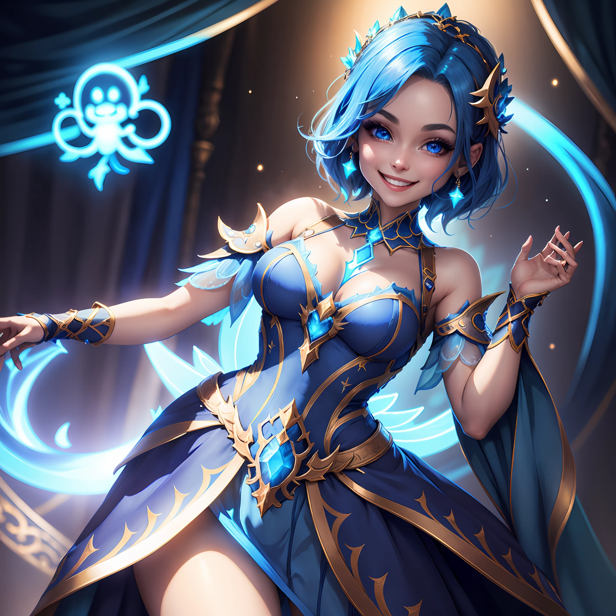 GlowingRunesAIV2_paleblue dress on a woman, cute , fantasy game character, smiling