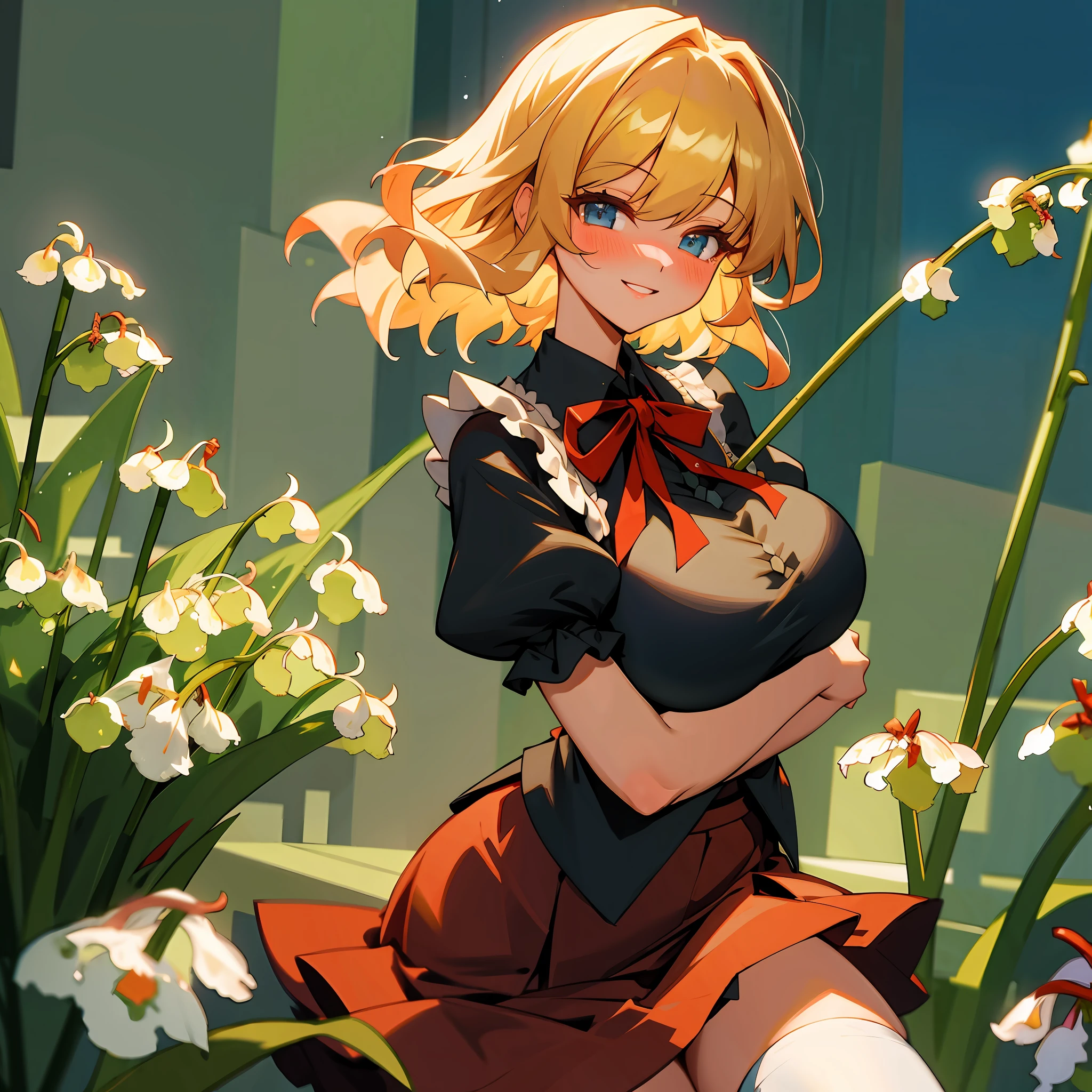 Touhou, (Medicine Melancholy:1.222), (masterpiece), nartfixer, nfixer, 21charturnerv2, nrealfixer, (best_quality), (1girl), bangs, blush, blue eyes, blonde hair, (short hair), wavy hair, (huge ), (black shirt, red skirt, puffy ses, frilled shirt collar), thighhighs, ((lily of the valley)), looking at viewer, (pretentious smile), thick thighs, wide hips, red ribbon, hair ribbon, perfect face, giant ribbon, heavy blush,, thick eyeashes, ((minecraft:1, Minecraft girl, Minecraft skin))