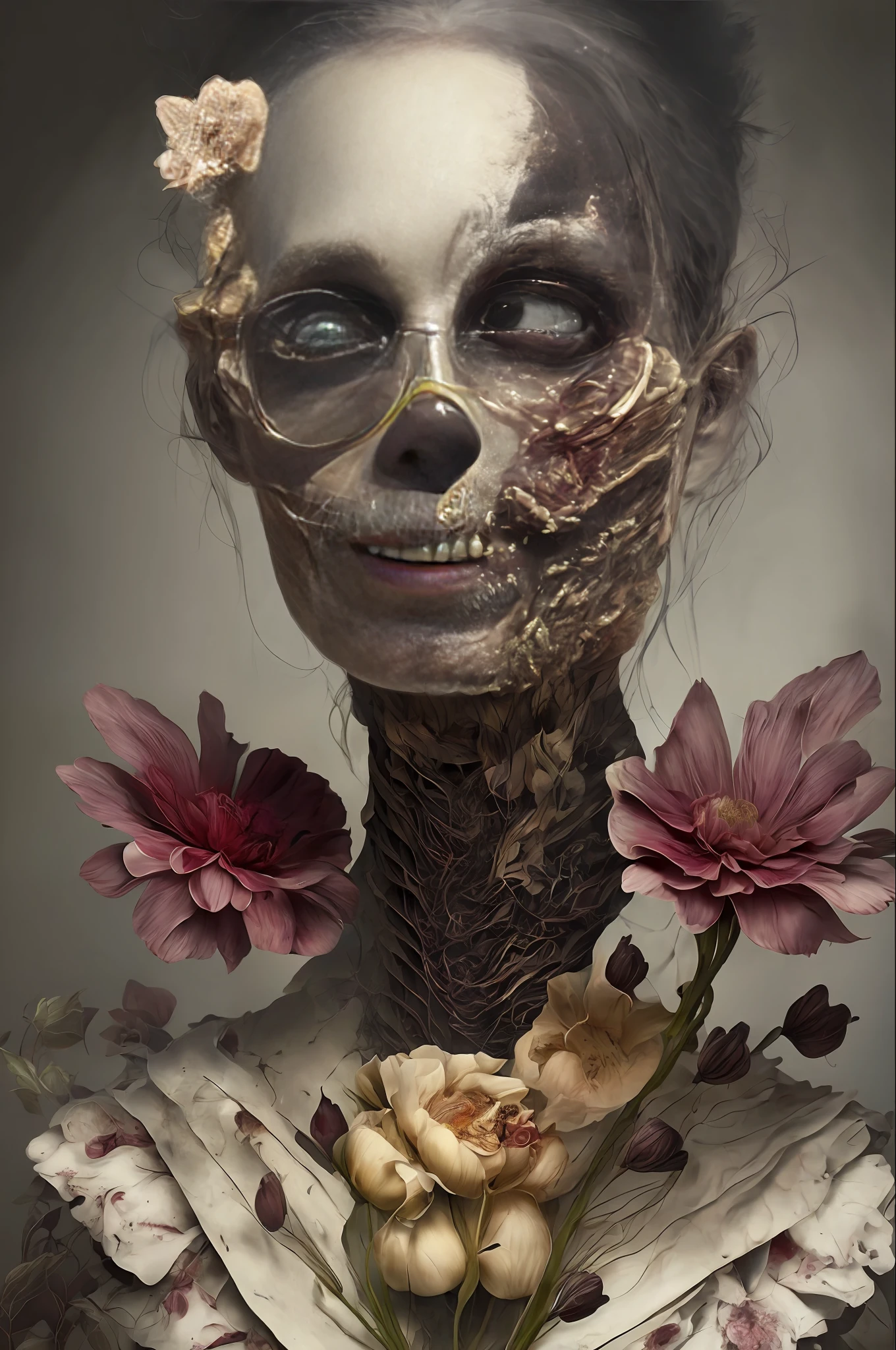 a close up of a person with a creepy face and a flower, macabre art, horror fantasy art, stefan gesell, fantasy horror art, detailed 4k horror artwork, dark fantasy horror art, horrific digital art, scary detailed art in color, horror macabre face, horror!! highly detailed, horror surreal art, hyper realism scary, elegant horror artwork