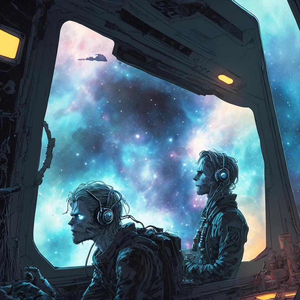 Candid Wendigo listening to headphones, Splash panel art style Sean Gordon Murphy, on spaceship, lofi colors, window view endless cosmos galaxy nebula in background, ultra detailed illustration, music poster, glow around face, cozy interior and frozen hellscape abyss exterior