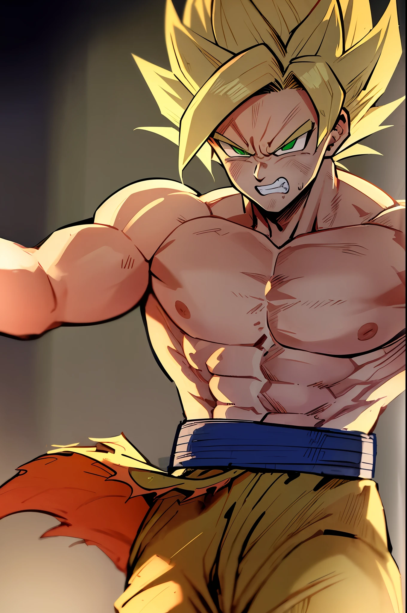 son Gohan, 1boy, angry, battle damage, blond hair, blue belt, clenched teeth, furious, green eyes, male focus, muscular, muscular male, pectorals, belt, solo, spiky hair, super saiyan, super saiyan 1, teeth , topless man, ripped clothes, bracelet, ((masterpiece))