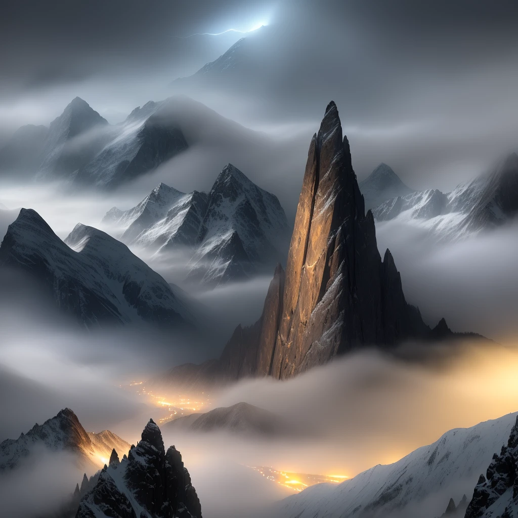 (maximum quality and maximum sharpness) ominous lights in mountains with fog and darkness