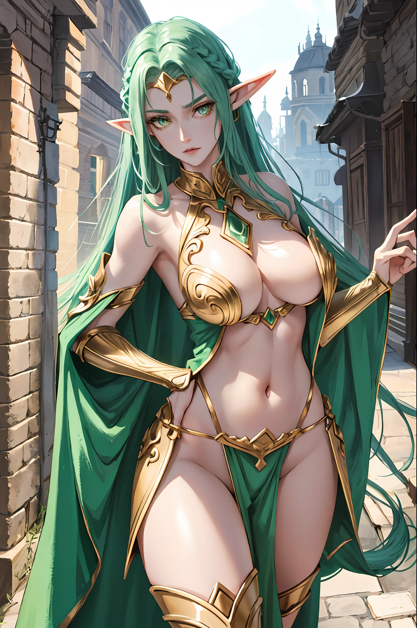 A tall and beautiful elf woman, with green pupils, contempt in her eyes, a cold expression, a haughty posture, chest up, golden light armor all over her body, exposed chest, exposed shoulders, exposed navel, exposed thighs, looking up camera, strolling through medieval streets.