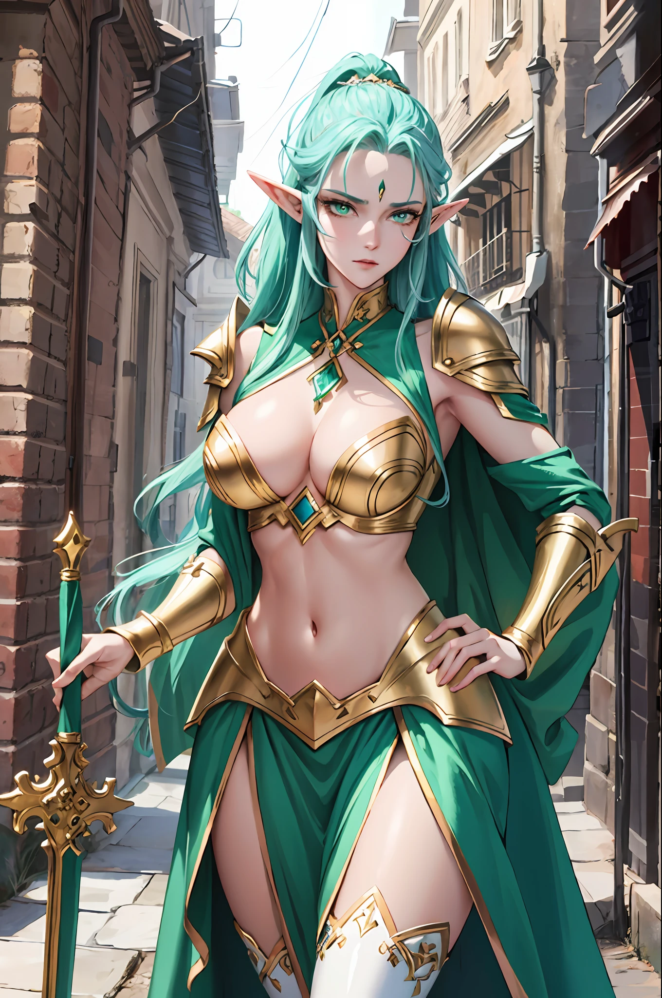 A tall and beautiful elf woman, with green pupils, contempt in her eyes, a cold expression, a haughty posture, chest up, golden light armor all over her body, exposed chest, exposed shoulders, exposed navel, exposed thighs, looking up camera, strolling through medieval streets.